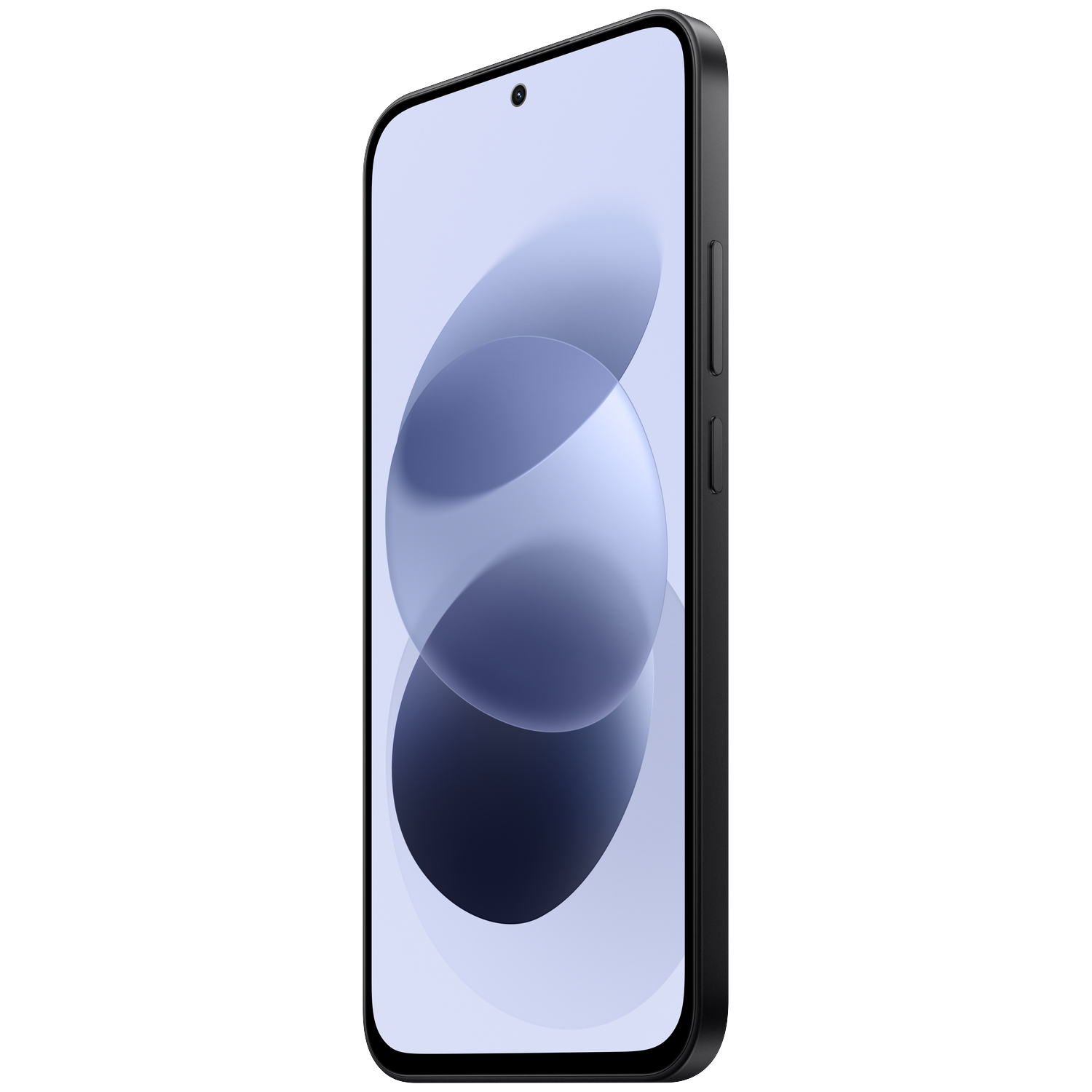 A black smartphone with rounded corners and a blue screen on a black background.