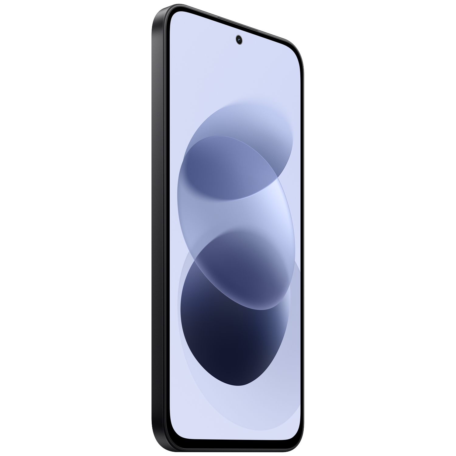 A black smartphone with rounded corners and a light blue abstract screen display against a solid black background.