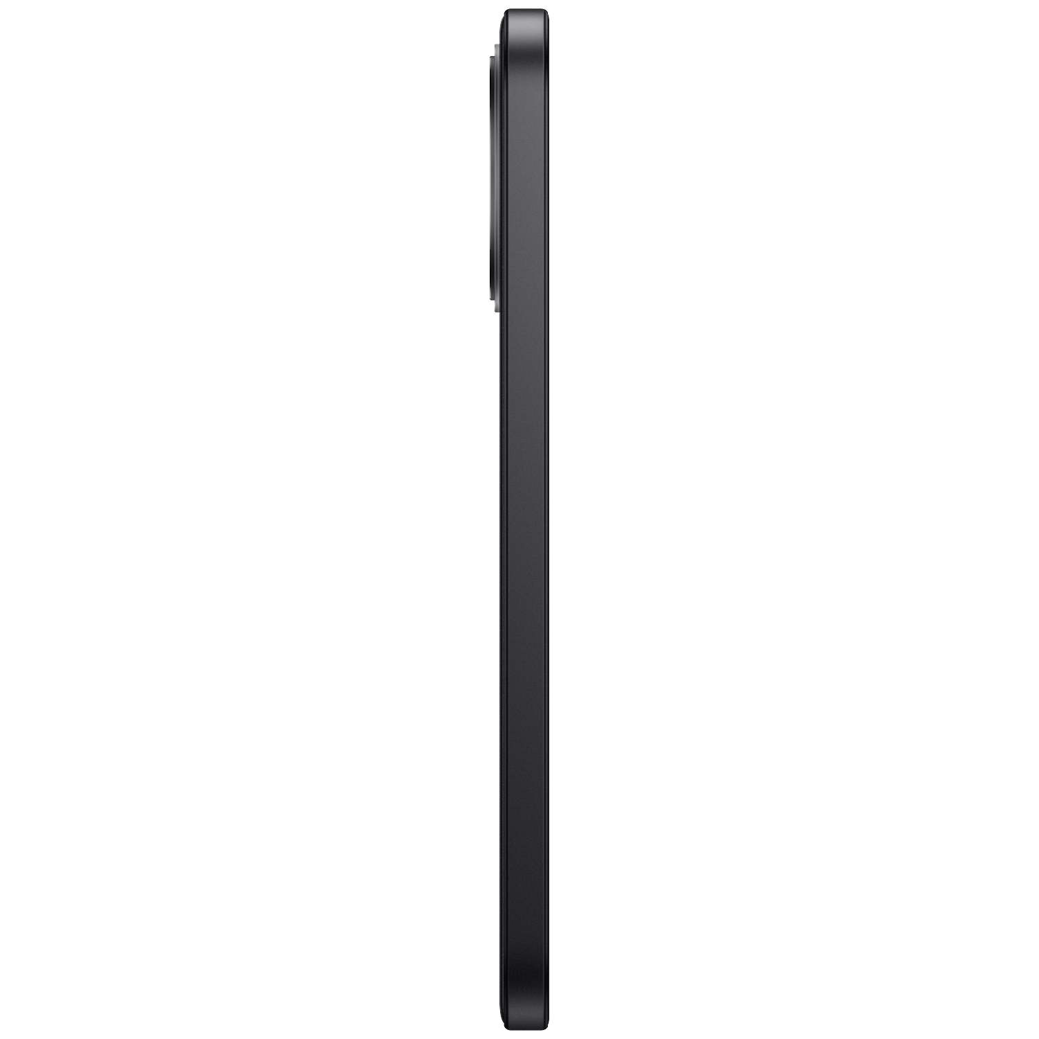 Side view of a black smartphone with a camera bump against a black background.