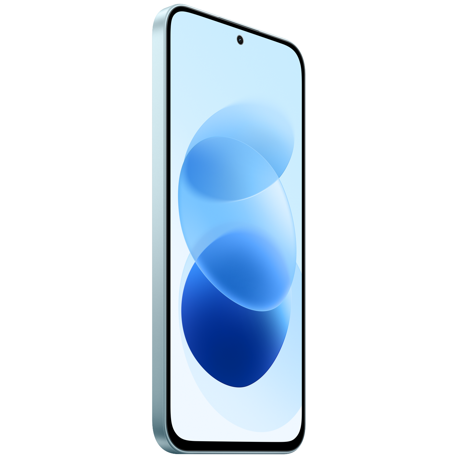 A smartphone with blue abstract shapes on its screen against a black background.