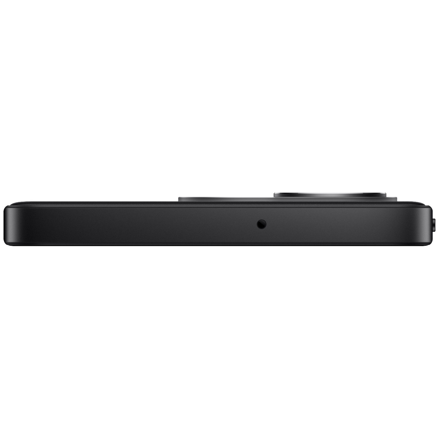 Side view of a black smartphone with camera and microphone hole against a black background.