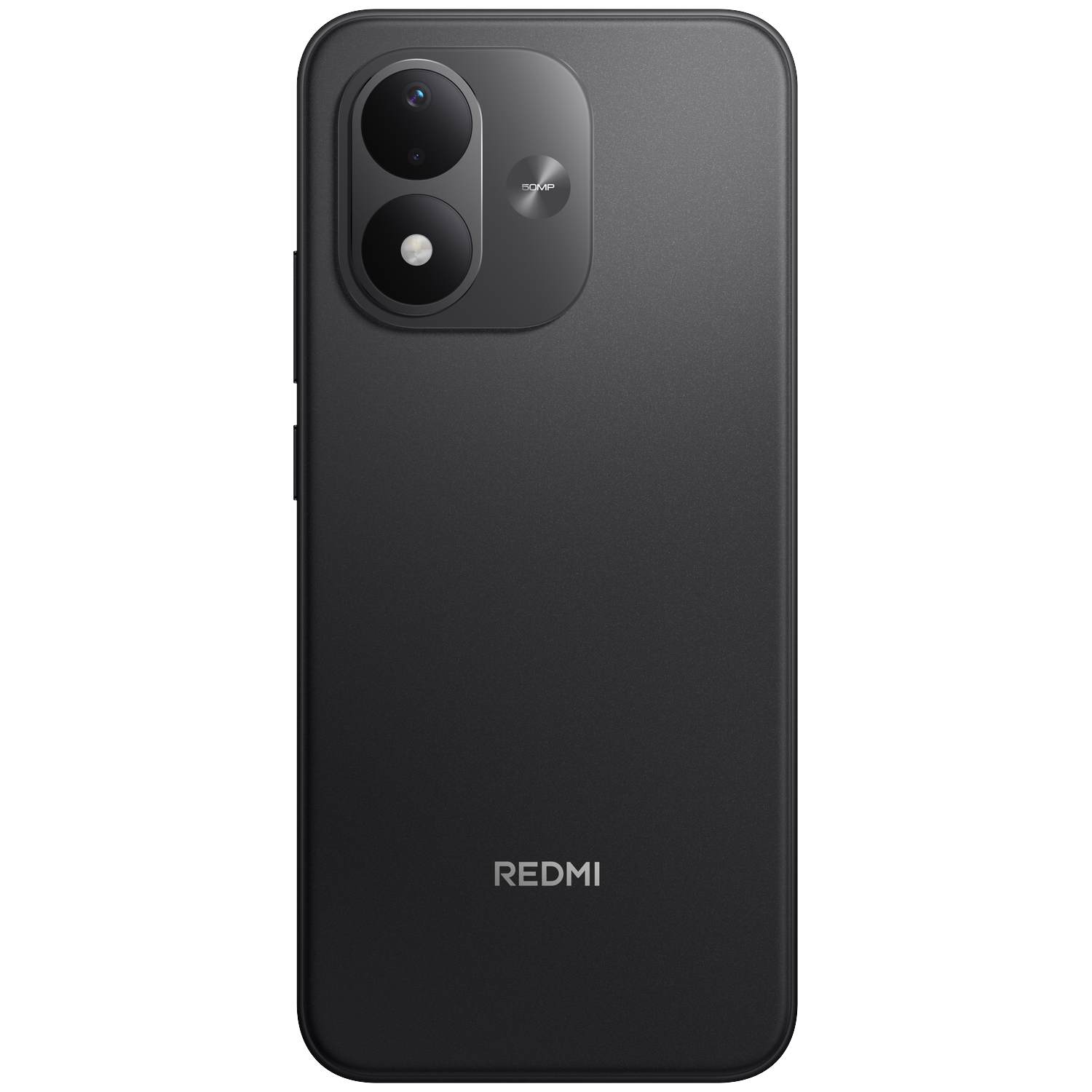 Back of a dark Redmi smartphone with two vertical cameras and the Redmi logo at the bottom.