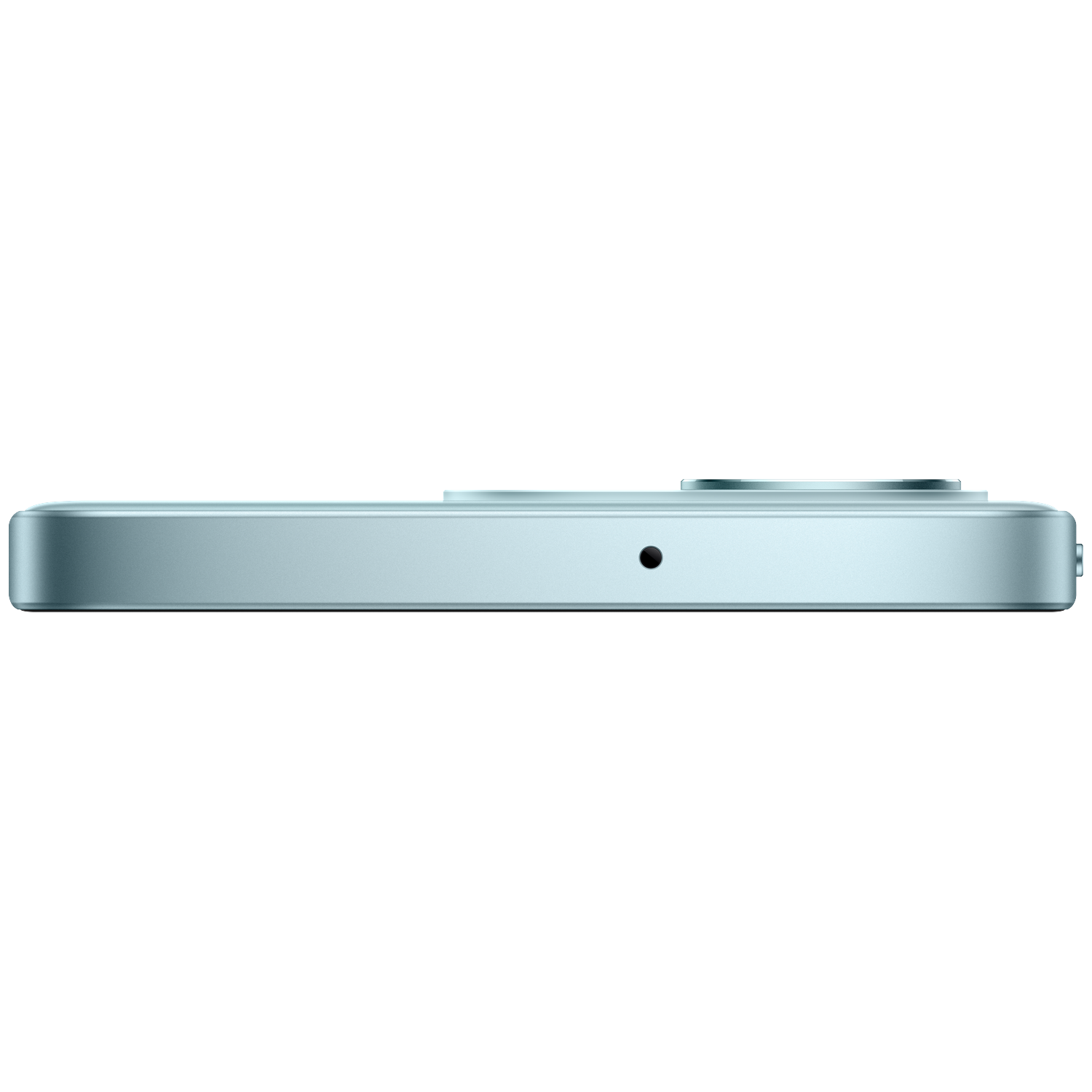 Side view of a light blue smartphone against a solid black background, showing a microphone hole and camera bump.