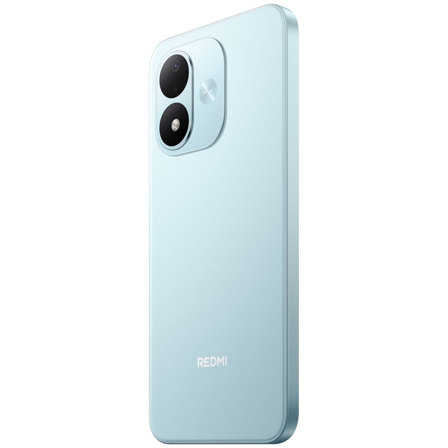 Light blue Redmi smartphone, back with two cameras and Redmi logo on a black background.