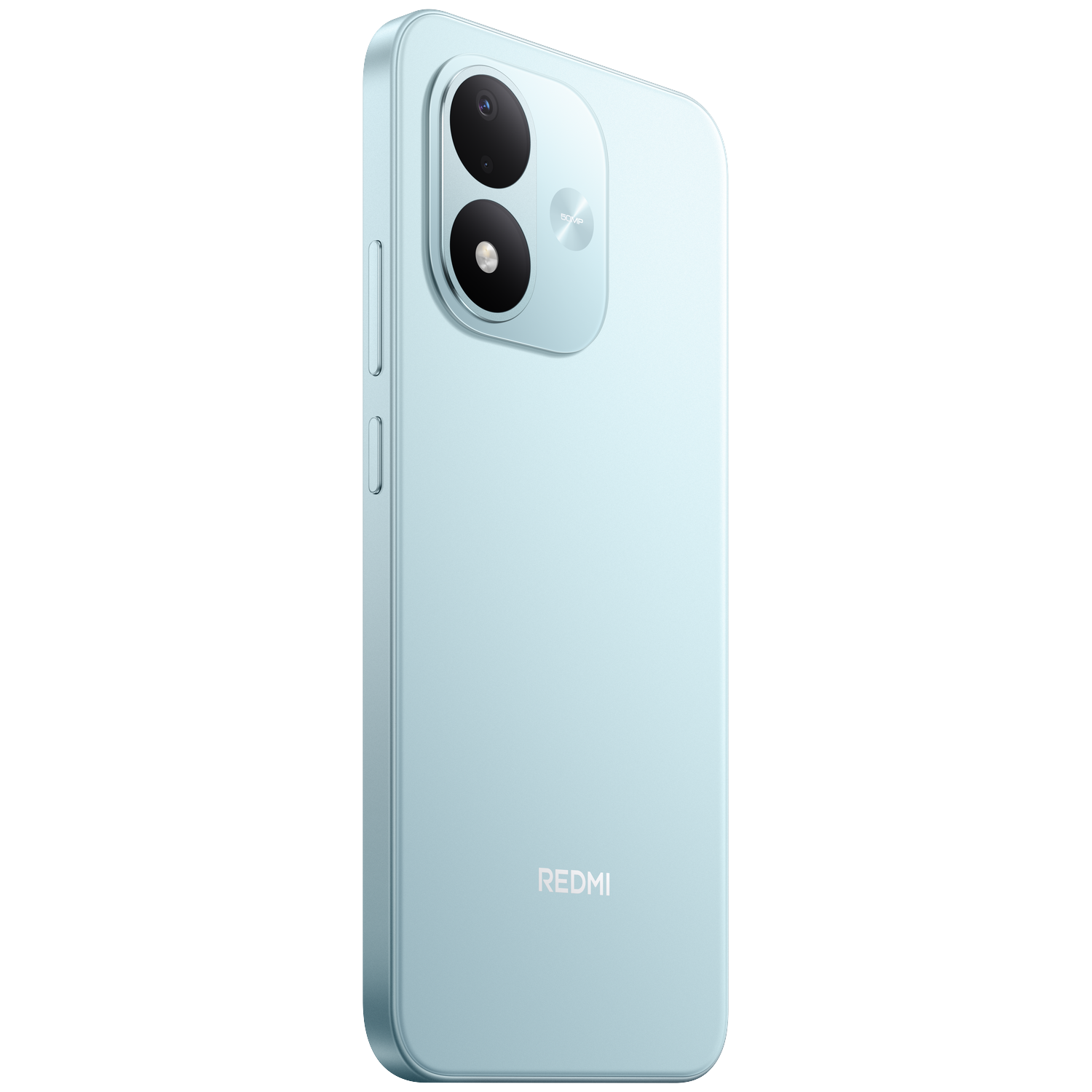 Light blue Redmi smartphone from the back on a black background, with two cameras.