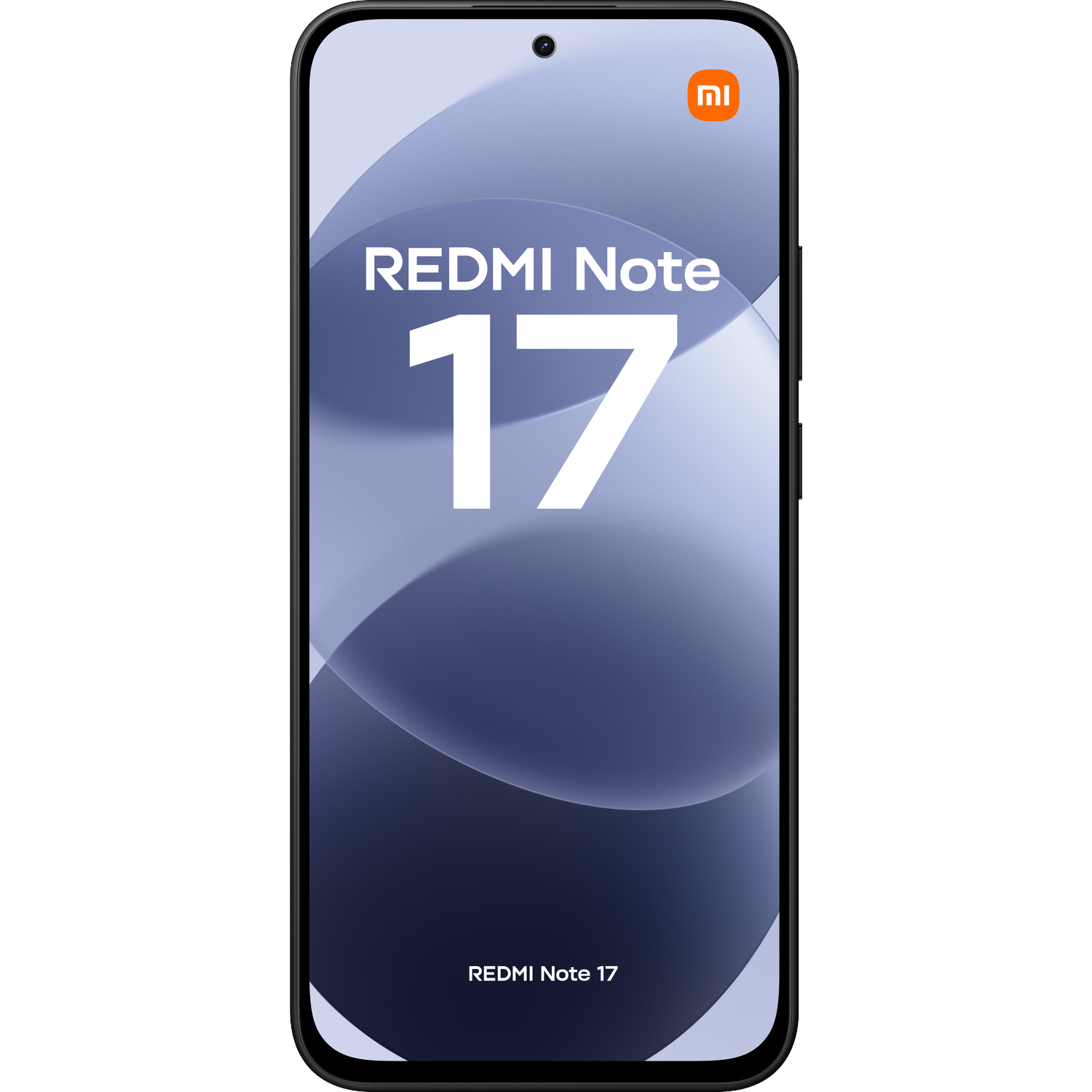 A sleek black smartphone displaying the text REDMI Note 17 in white against a light purple abstract background.