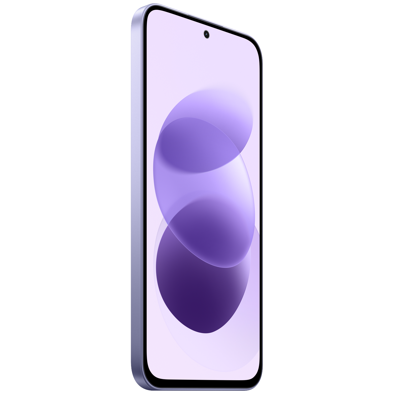 A close-up of a purple smartphone showing an abstract lilac wallpaper against a black background.