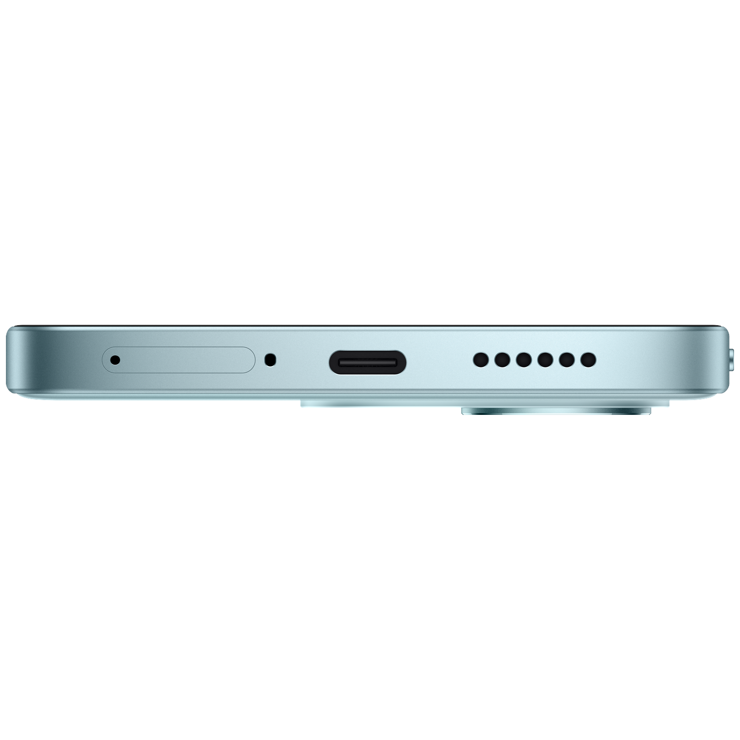 The bottom edge of a light blue smartphone shows a SIM tray, USB-C port, and speakers against a black background.