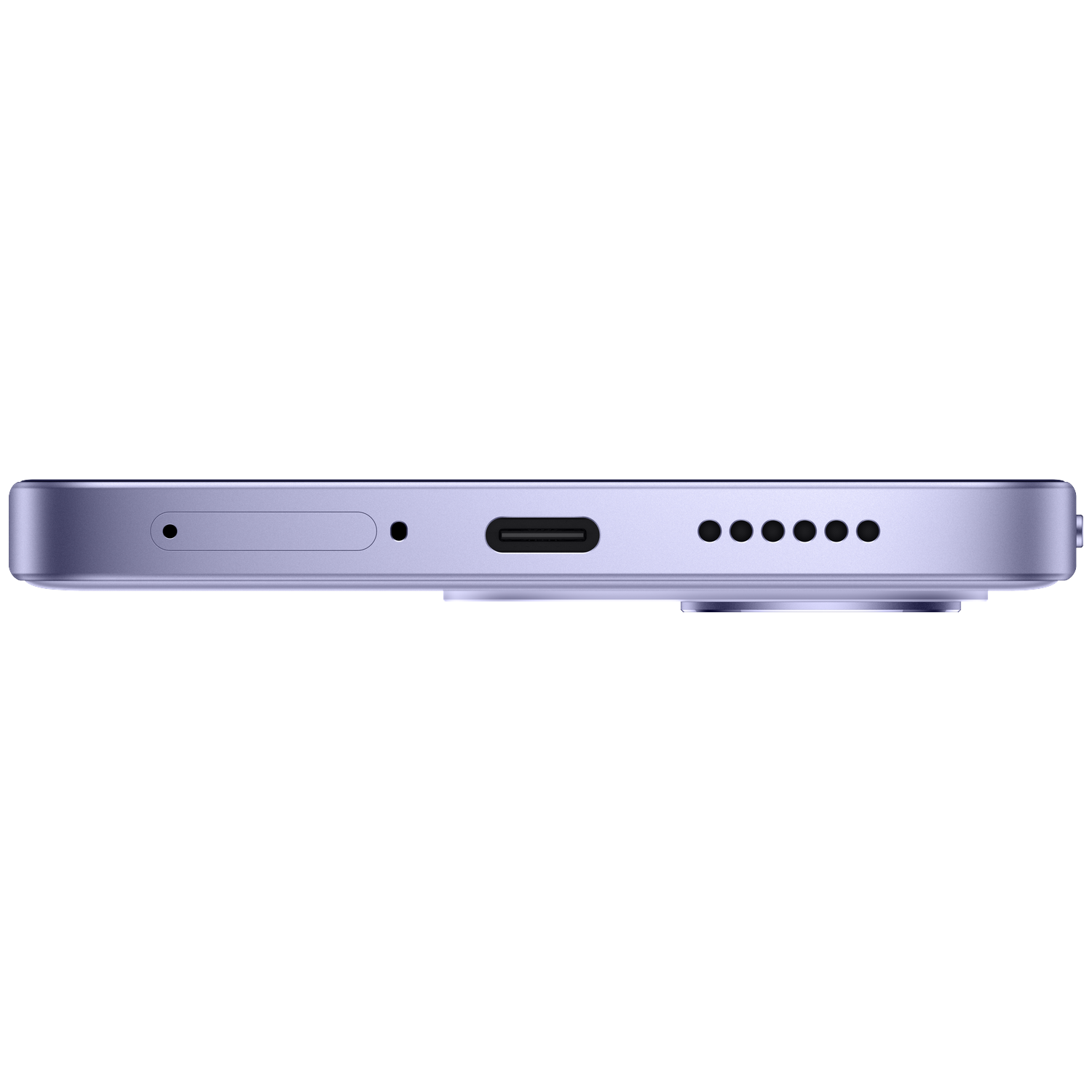 Bottom view of a purple smartphone showing a SIM tray, USB-C port, and speaker grill on a black background.