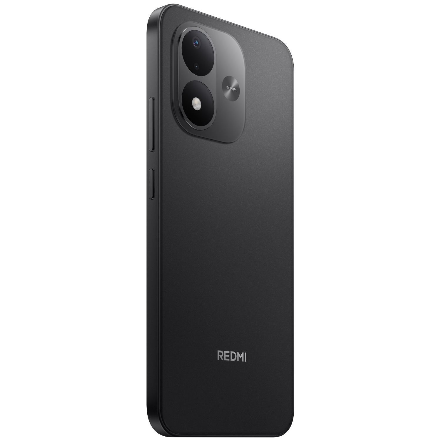 A black Redmi smartphone from the back featuring a dual camera and Redmi logo.