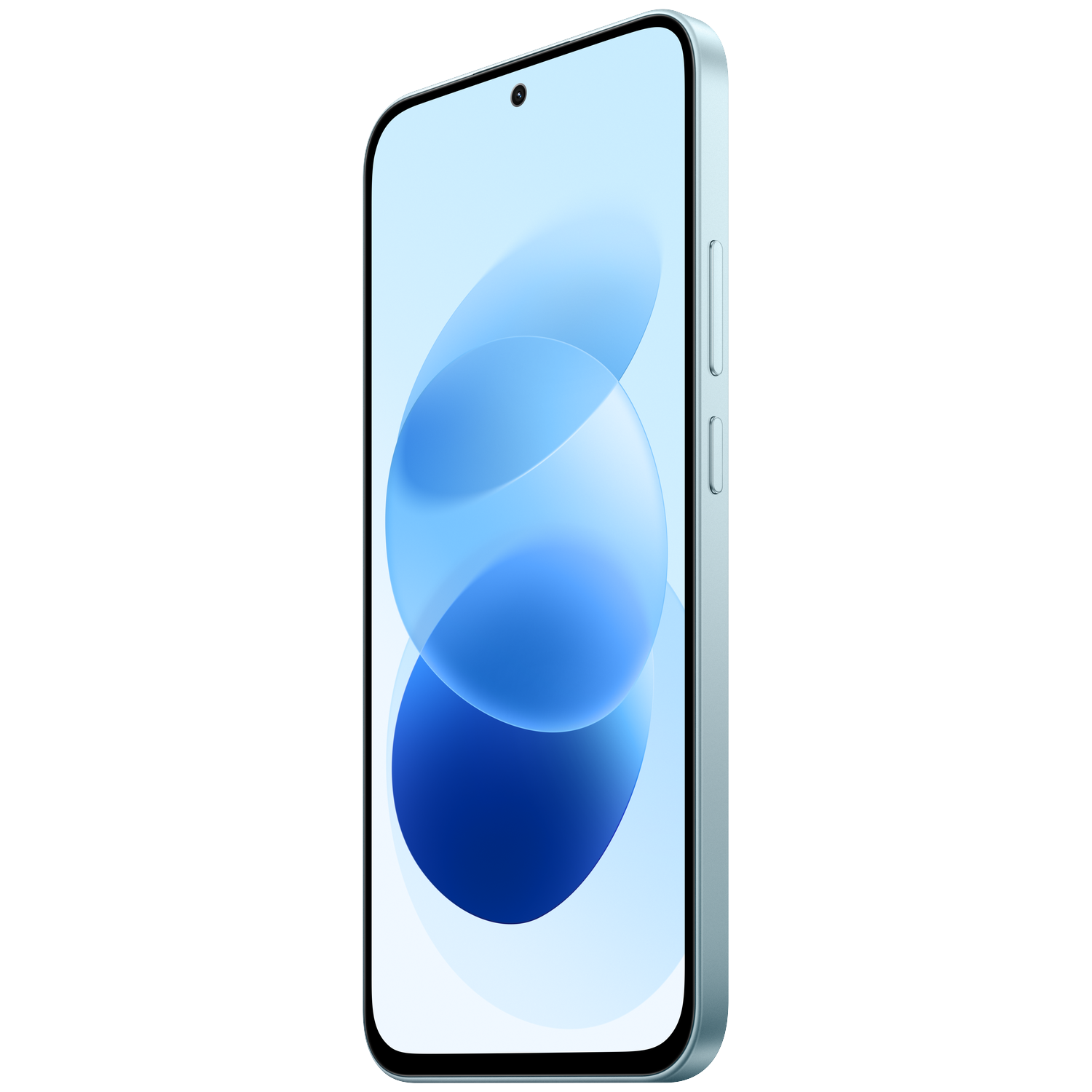 A light blue smartphone with rounded corners and blue circular patterns on the screen against a black background.