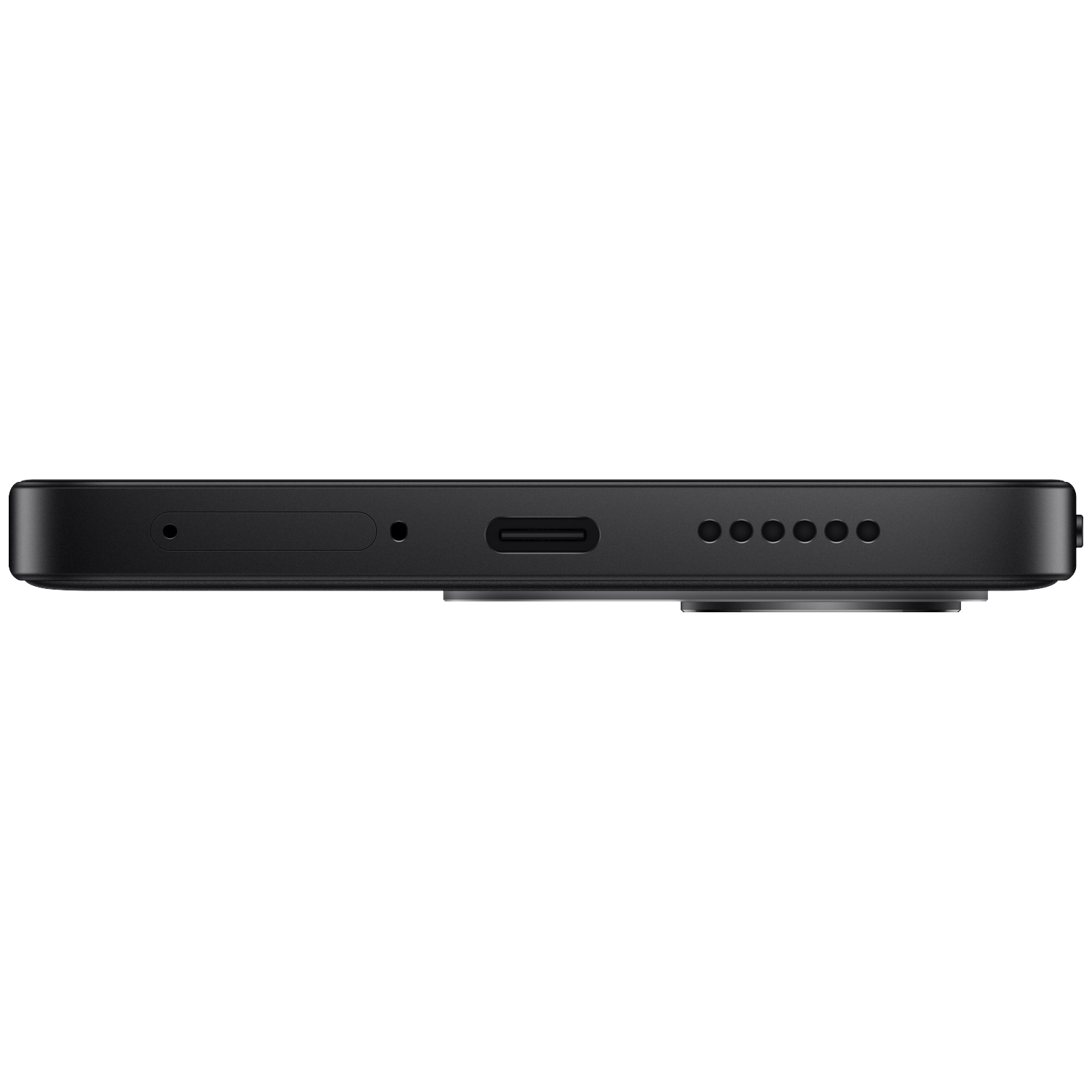 Bottom view of a black smartphone showing a SIM tray, USB-C port, and speaker grilles against a black background.