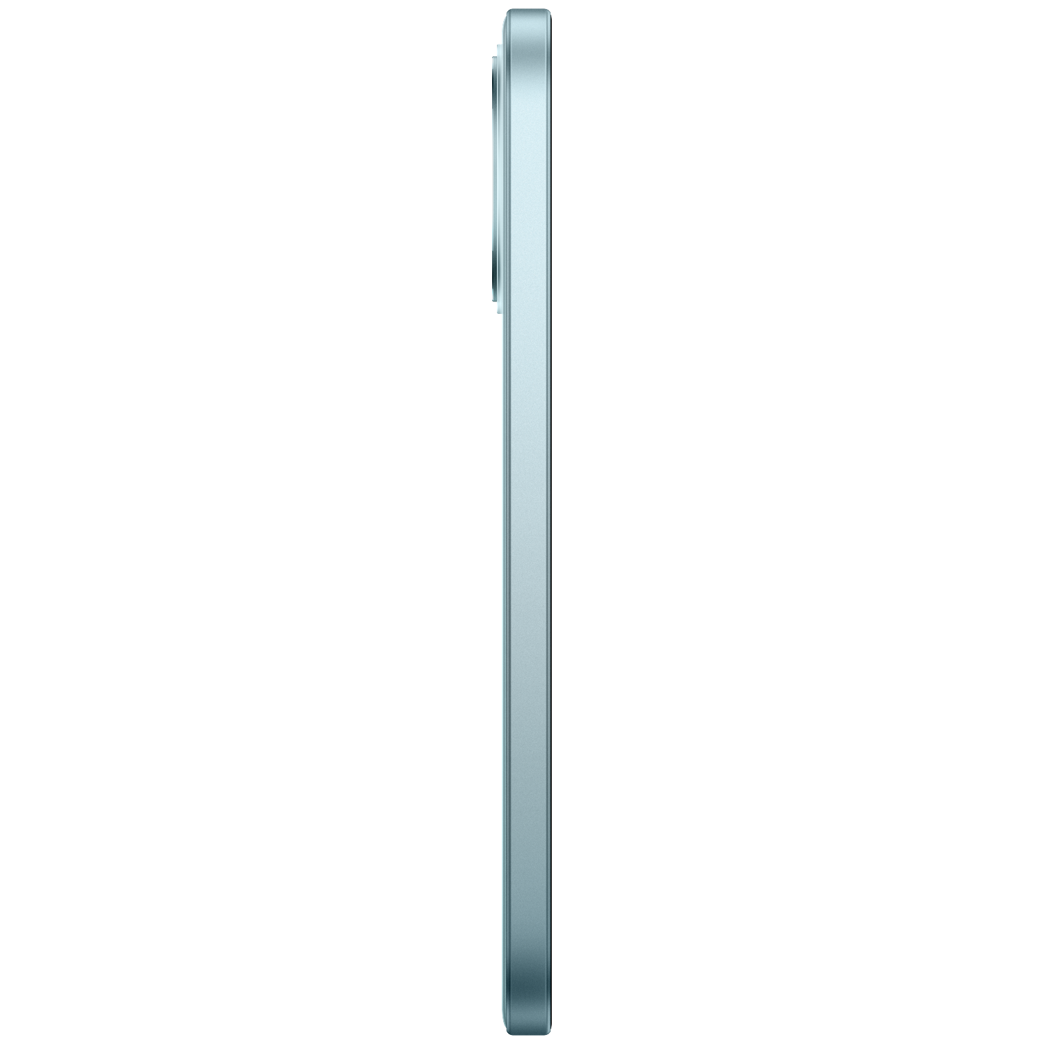 Side view of a slim, light blue smartphone with a camera module against a black background.