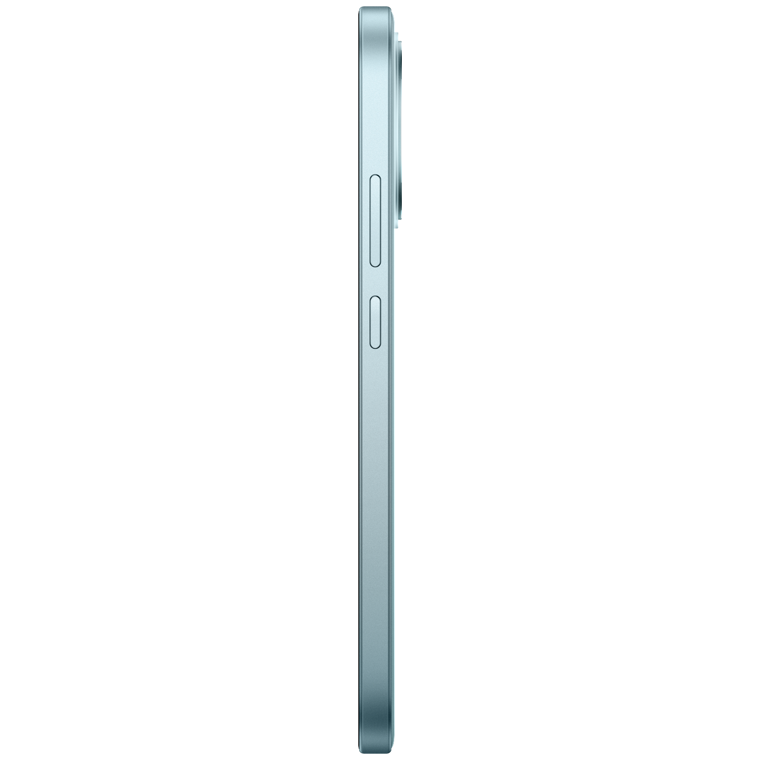 Side view of a light blue smartphone showing volume and power buttons against a black background.
