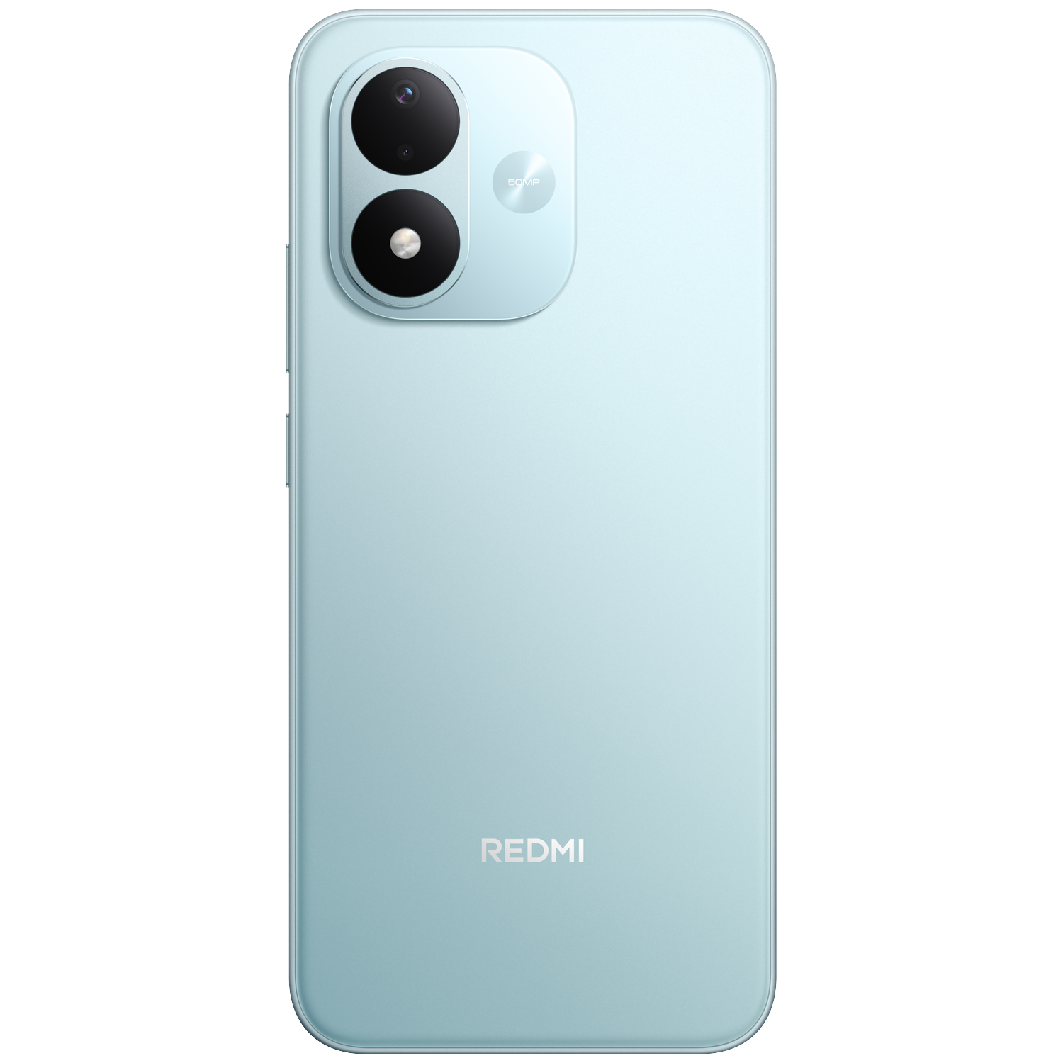 Back of a light blue Redmi smartphone with two vertical camera lenses and REDMI branding at the bottom.