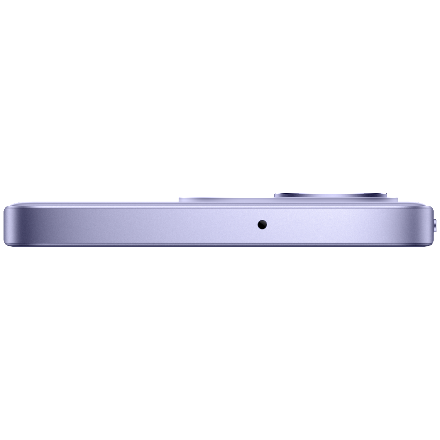 Side view of a purple smartphone featuring a small round microphone opening against a solid black background.