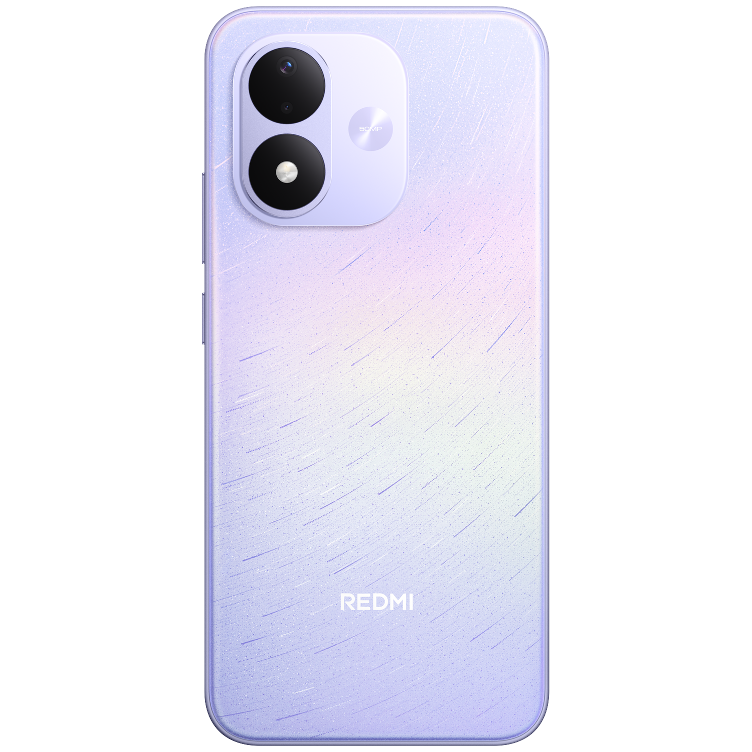 Glossy purple Redmi smartphone featuring dual cameras and a fine pattern on the back.
