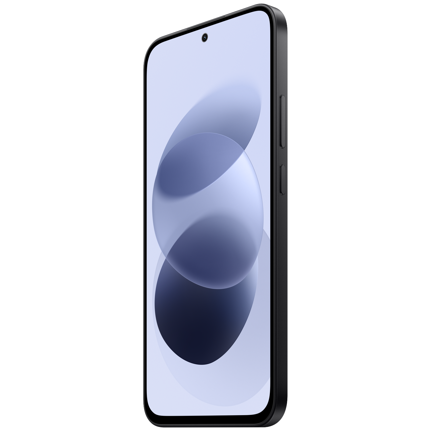 Een zwarte smartphone met afgeronde hoeken en blauw scherm tegen een zwarte achtergrond.