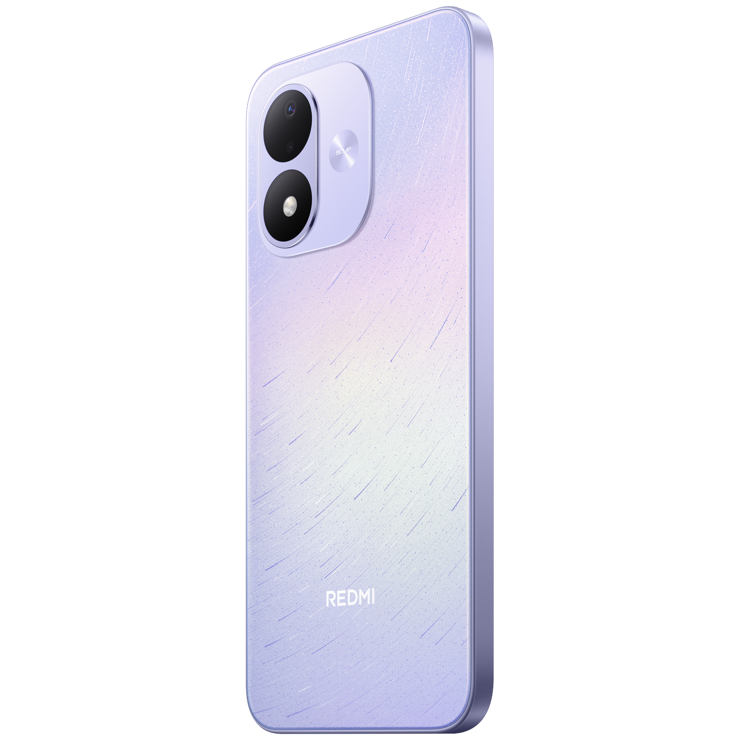 Rear view of a lavender Redmi smartphone featuring two vertical cameras on a black background.
