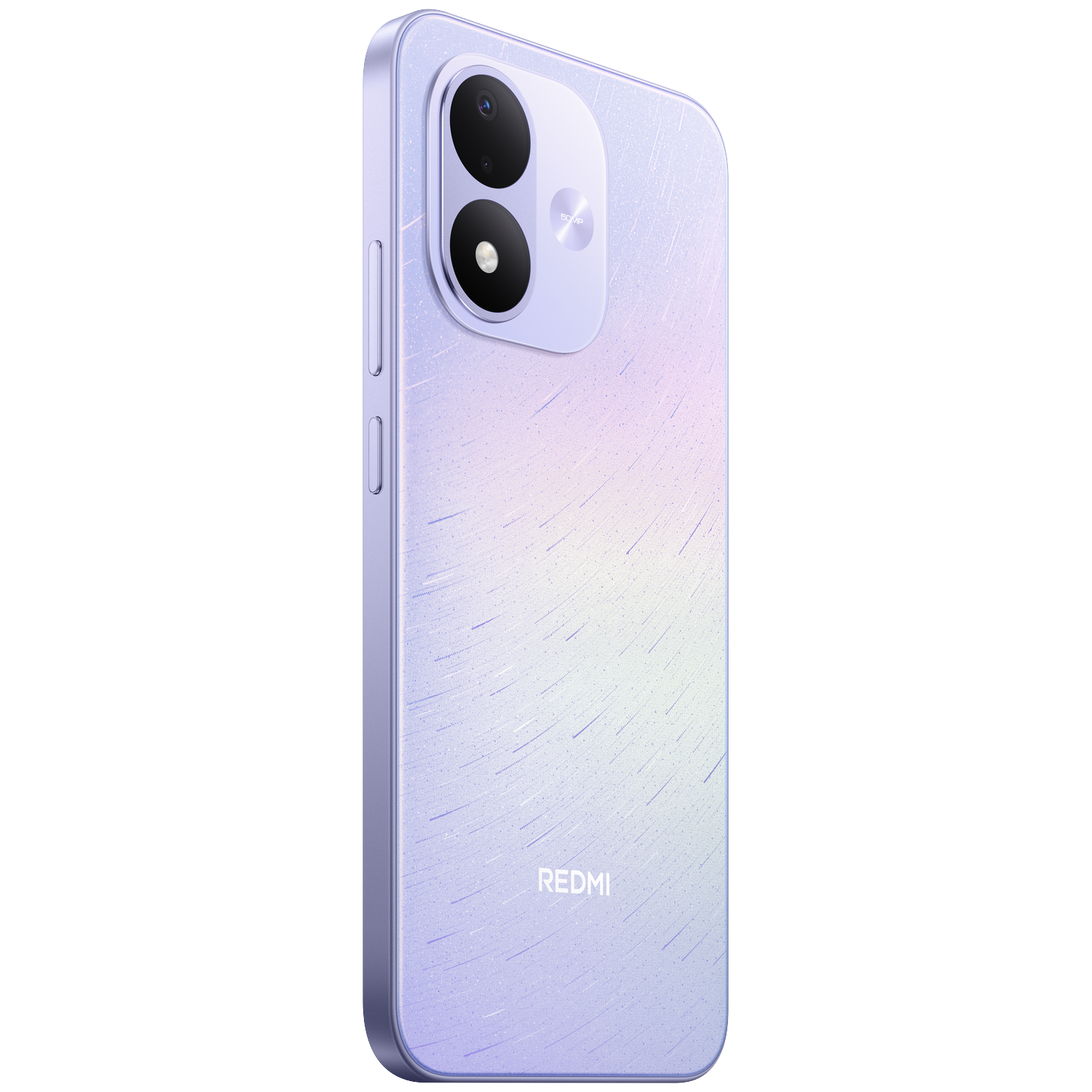 Back of a light purple Redmi smartphone with two vertical cameras against a black background.
