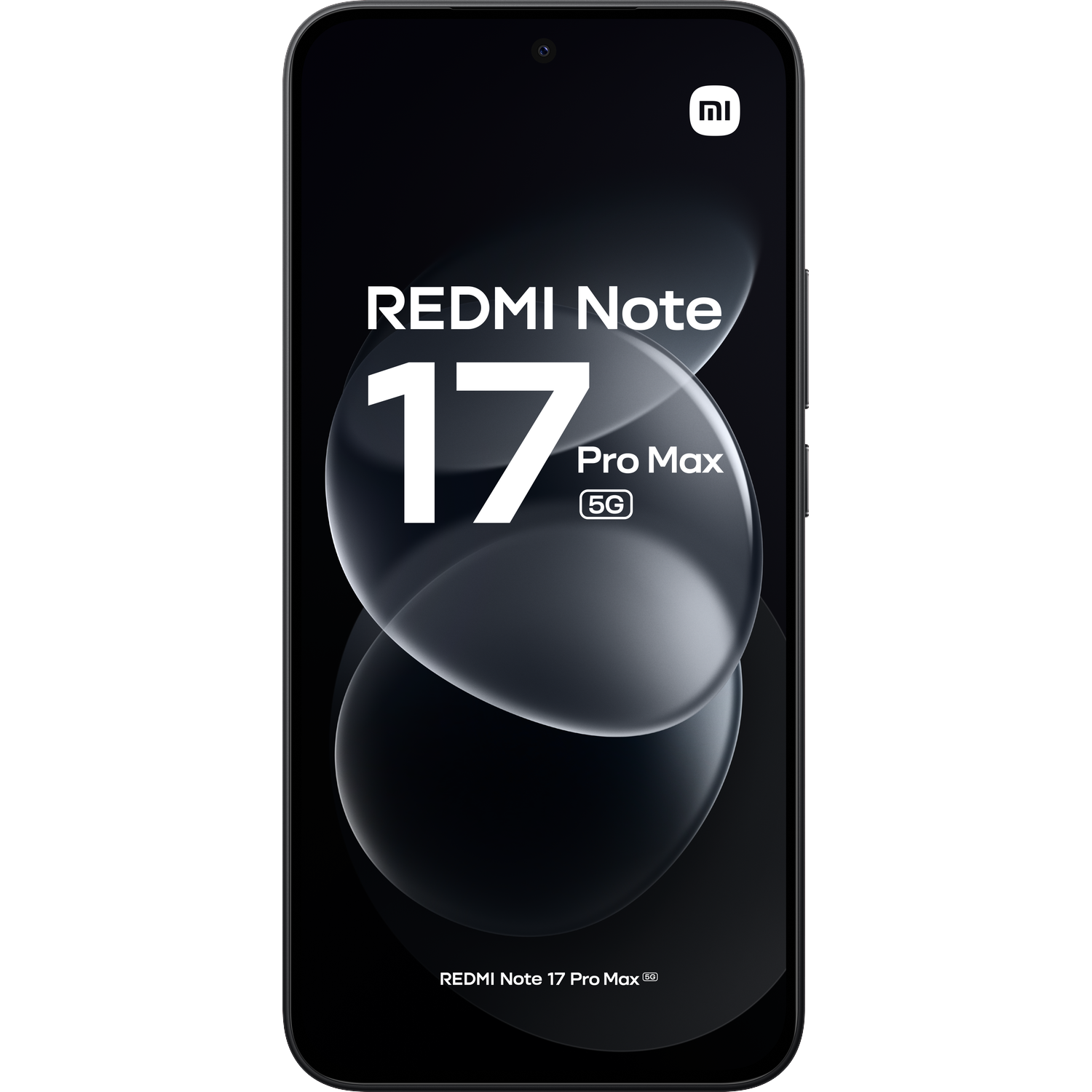 Black smartphone displaying the text Redmi Note 17 Pro Max 5G on screen.