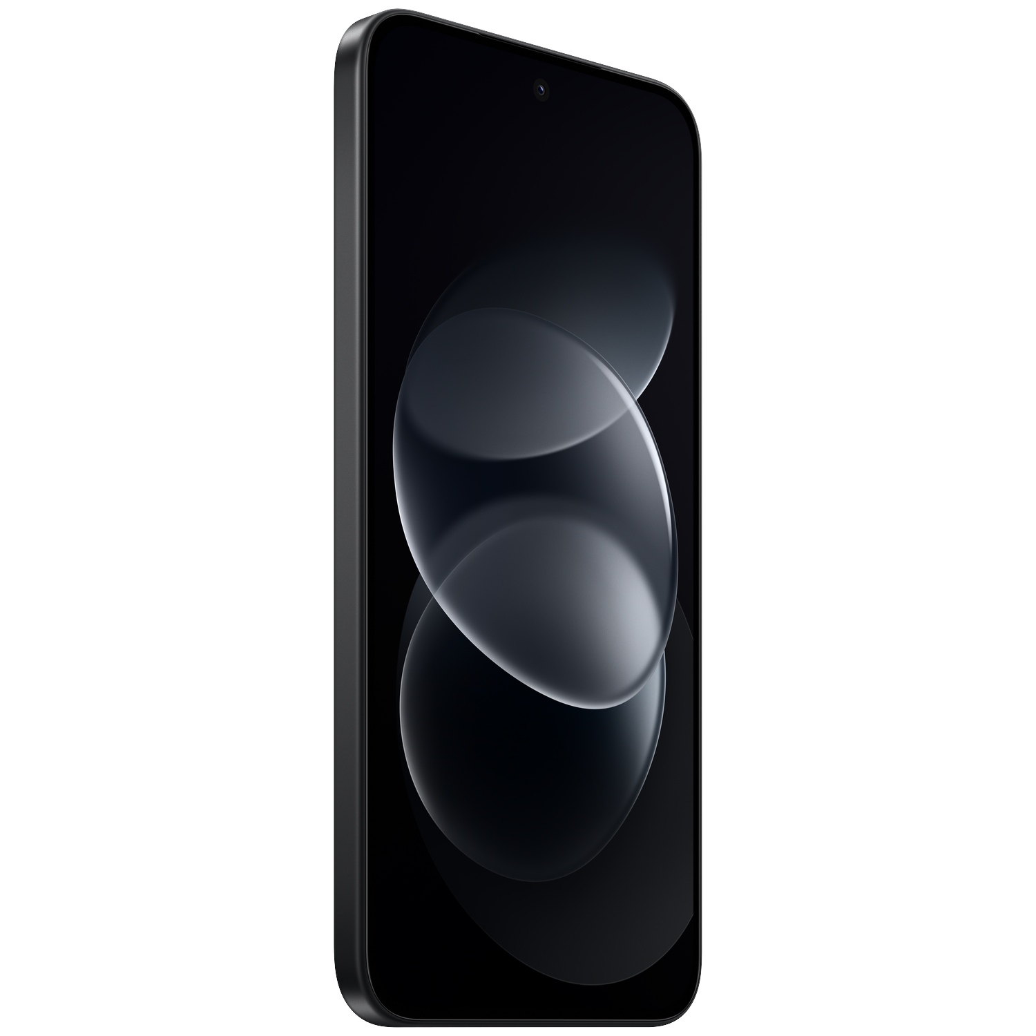 A black smartphone with rounded corners and a punch-hole camera displays a dark wallpaper with overlapping circles.