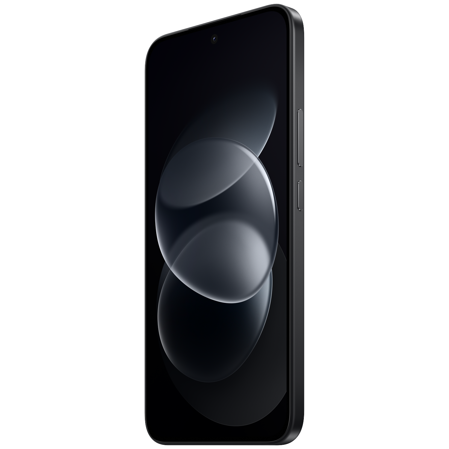 A black smartphone angled left against a dark background, showcasing its sleek screen and side buttons.