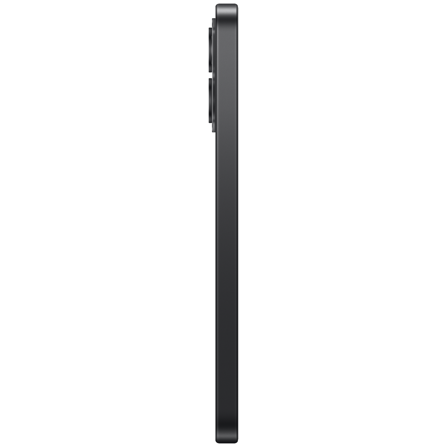 Side view of a black smartphone with camera against a black background.