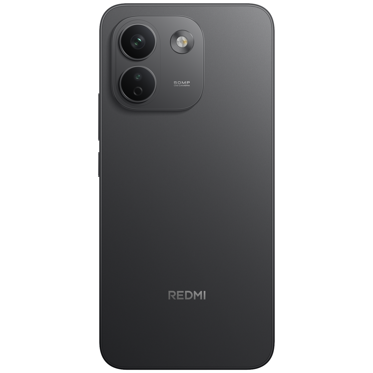 Back of a dark Redmi smartphone with a vertical dual-camera module and LED flash on a black background.
