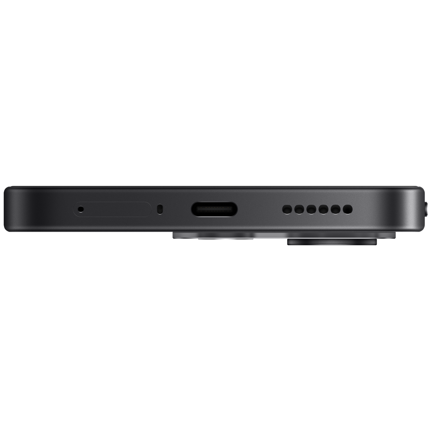Bottom edge of a black smartphone featuring a USB-C port, speaker grille, and SIM tray against a black background.