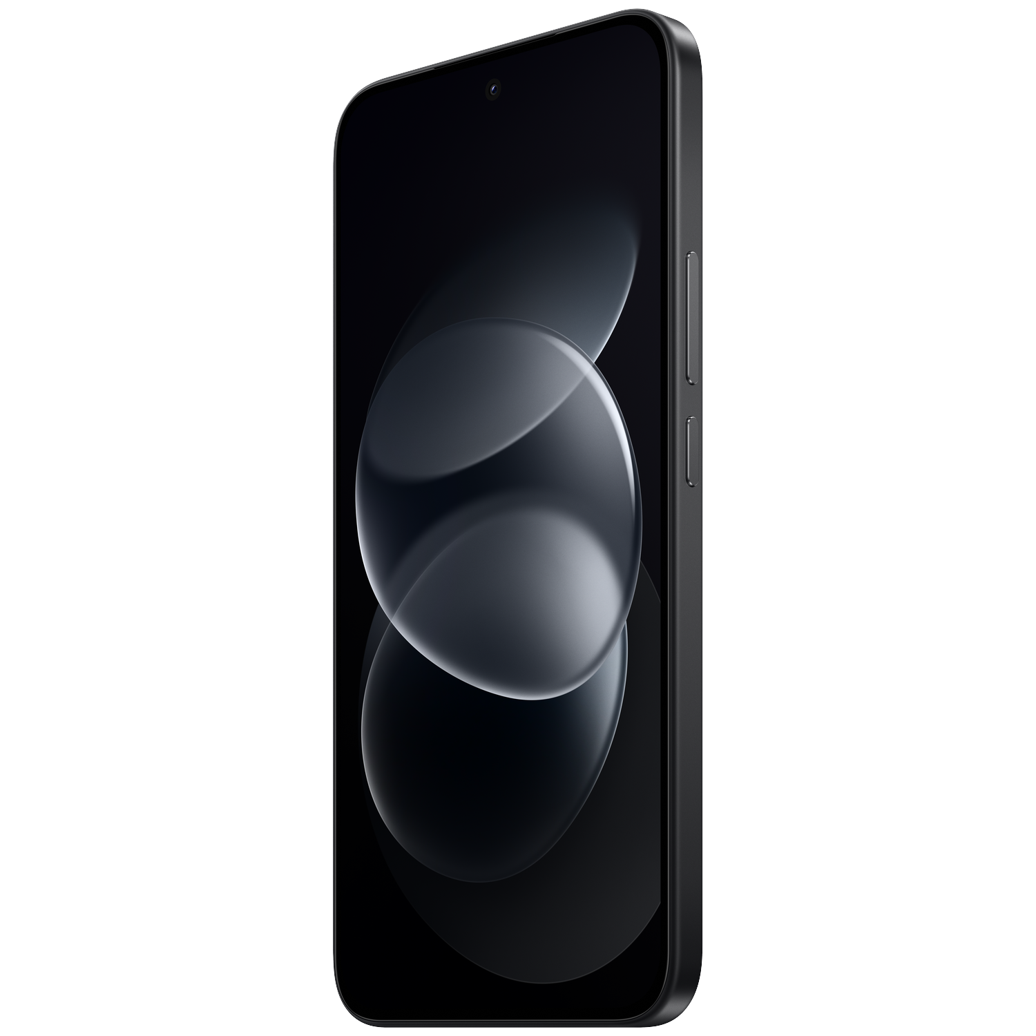 A black smartphone with rounded corners and a curved screen displays an abstract dark graphic.