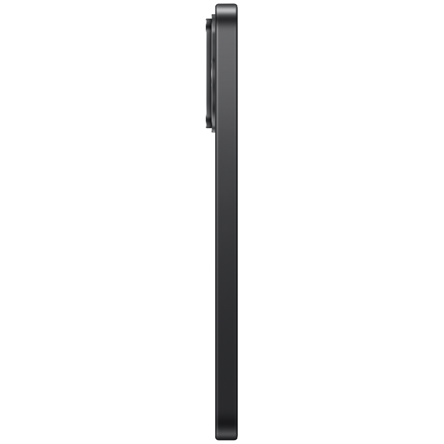 Side view of a black smartphone with a camera bump against a black background.