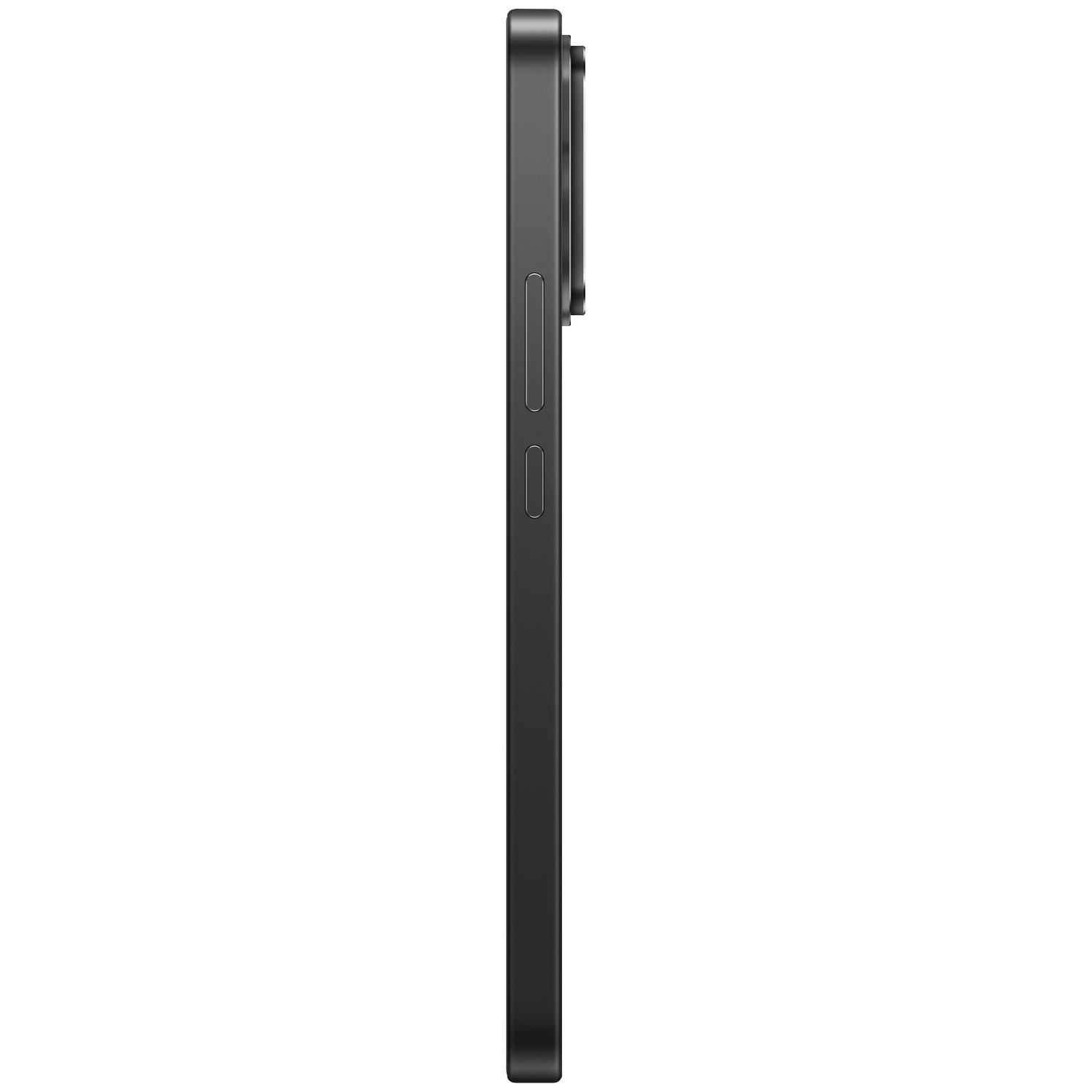 Side view of a black smartphone showing buttons and camera on a black background.
