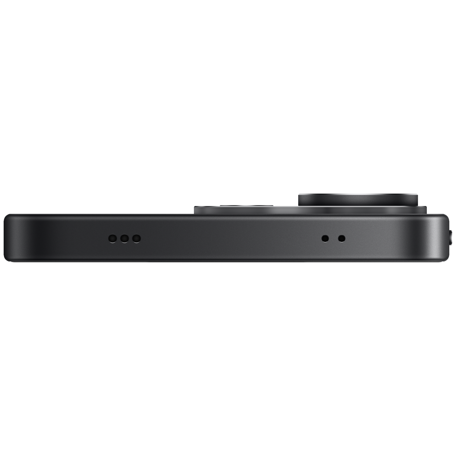 Side view of a dark smartphone featuring speaker grills and buttons against a black background.