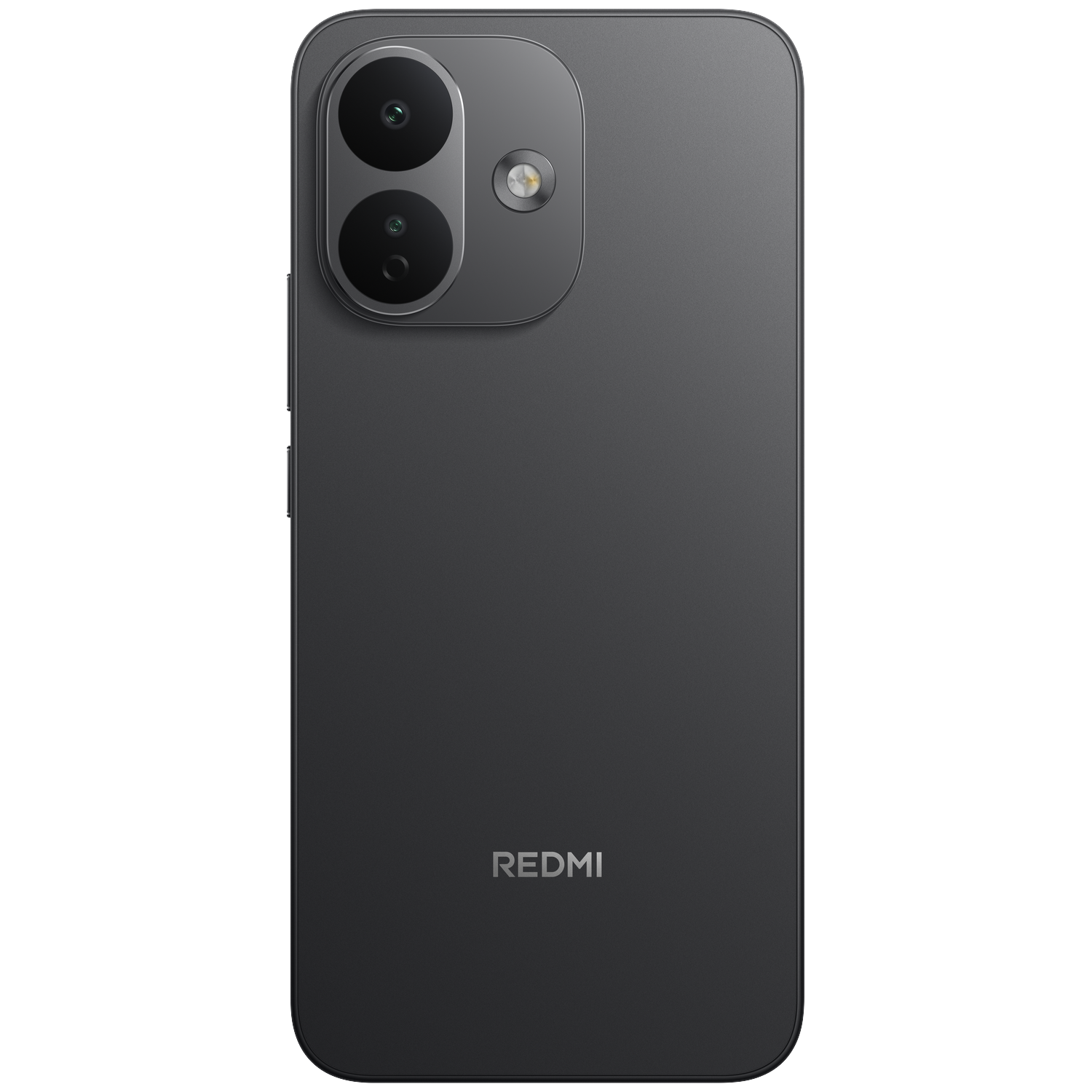 Back of a dark gray Redmi smartphone showing two vertical cameras in a square module and the Redmi logo below.
