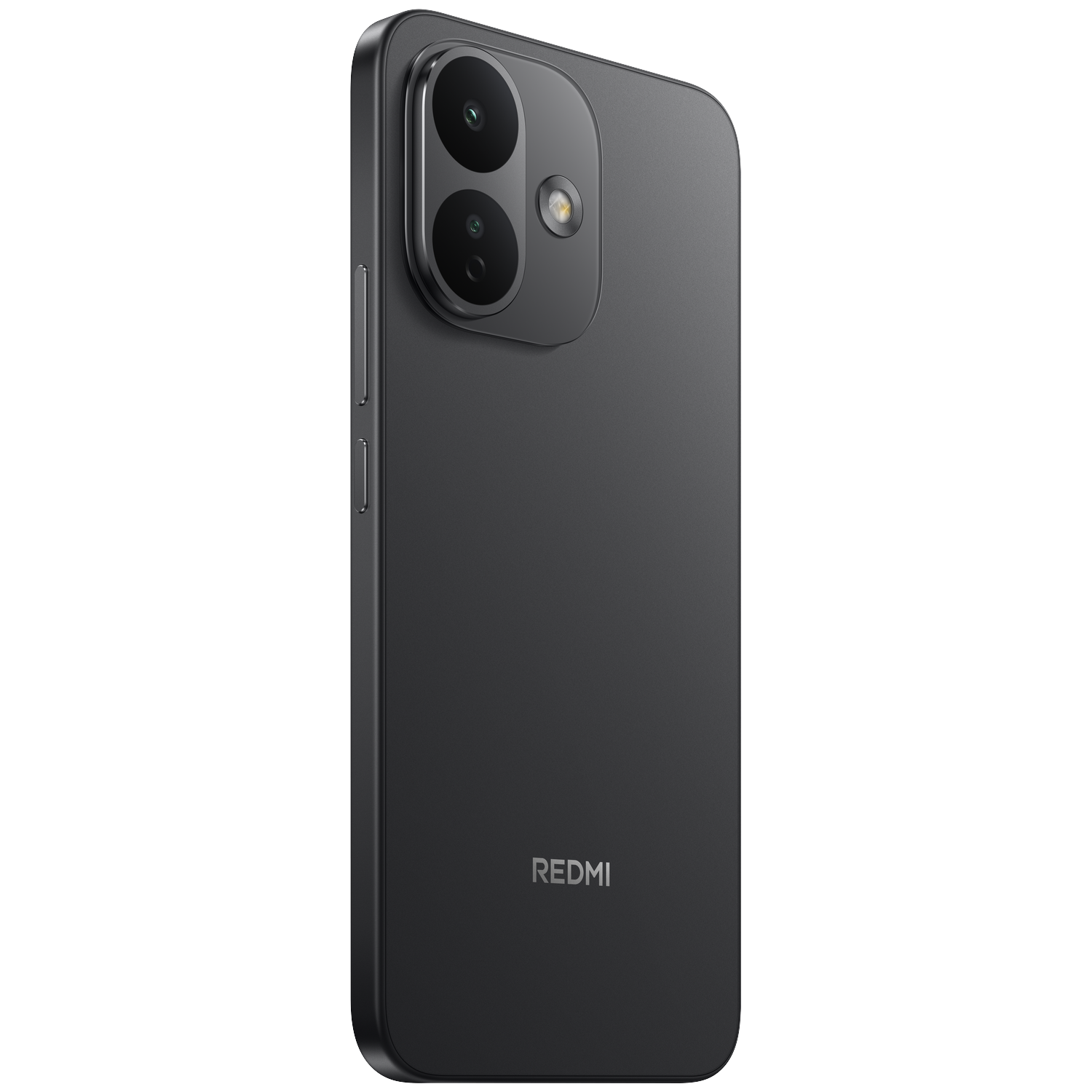 Back of a gray Redmi smartphone featuring a dual-camera module and the Redmi logo.
