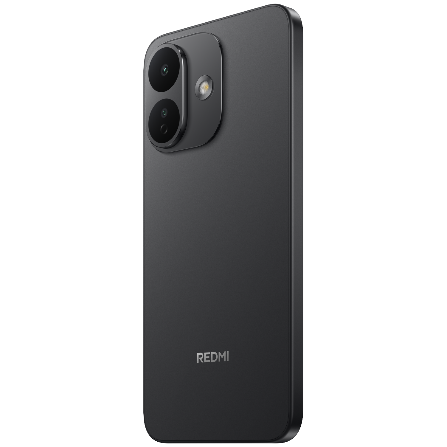 Back of a black Redmi smartphone with vertical dual camera and LED flash on a black background.