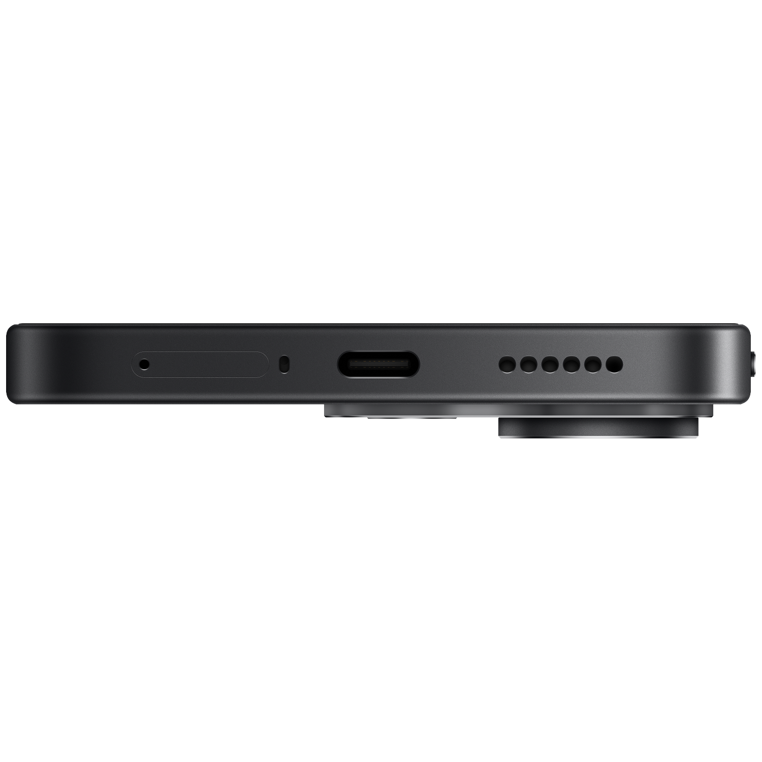 Bottom view of a black smartphone showing the SIM tray, USB-C port, and speaker grille on a black background.