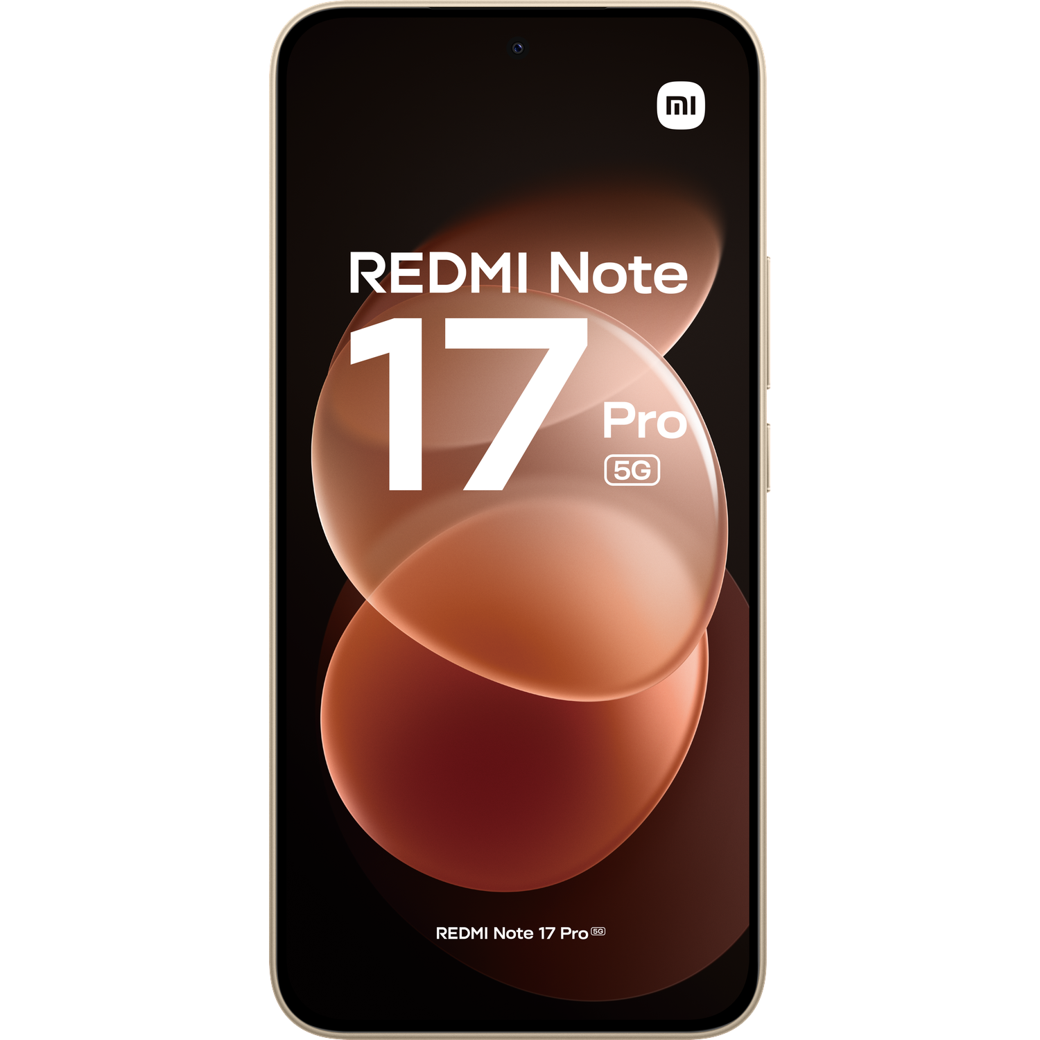 Gouden smartphone met REDMI Note 17 Pro 5G op een abstracte bruine achtergrond.