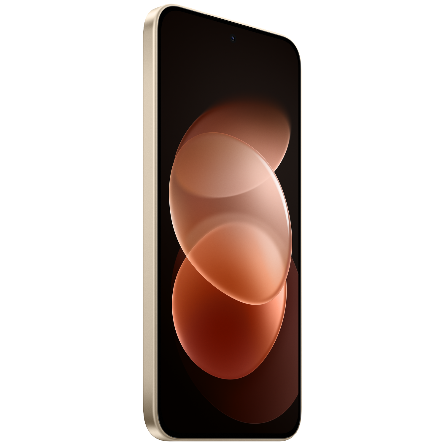 Een smartphone met een gouden rand en afgeronde hoeken toont een donkerrode, abstracte achtergrond.