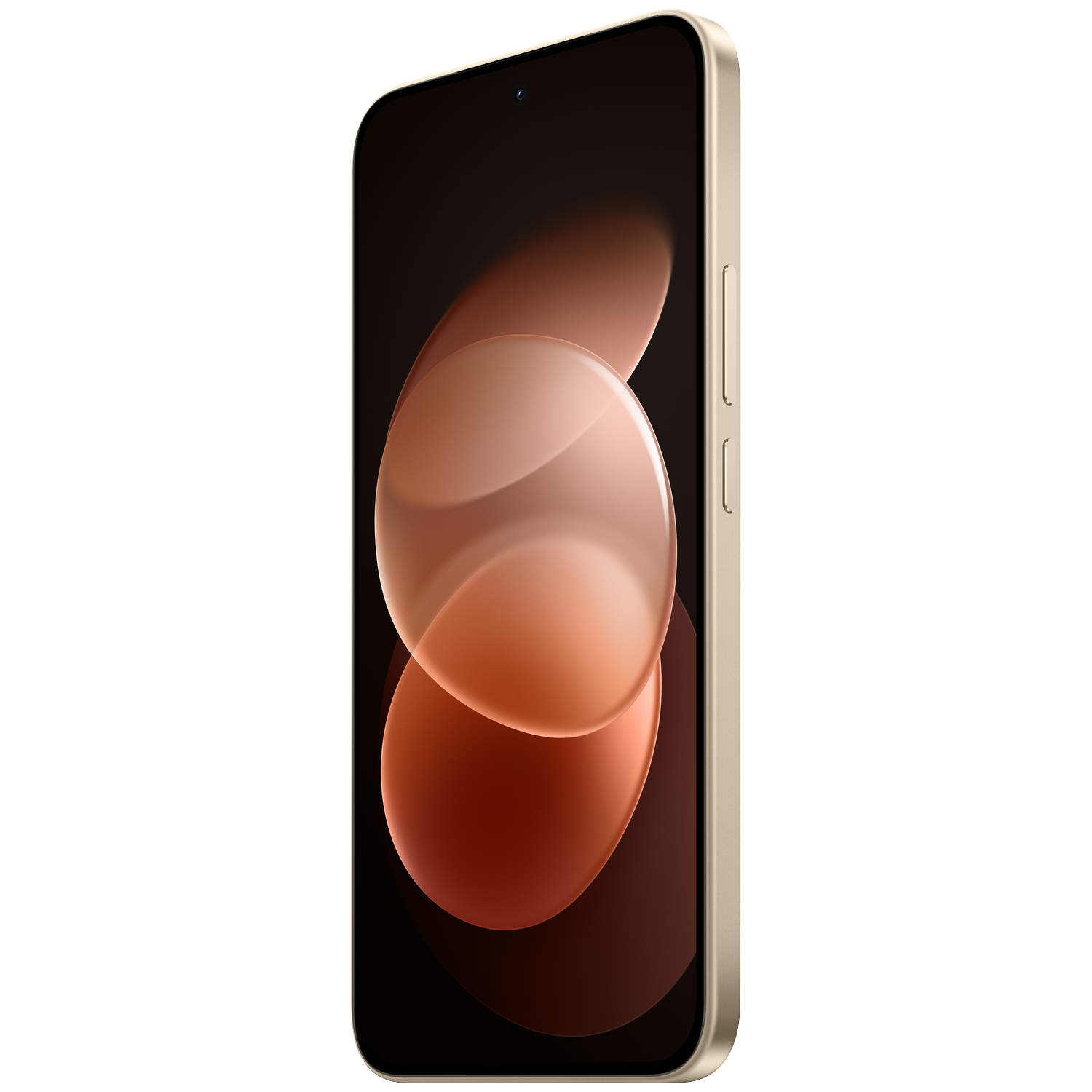 Een goudkleurige smartphone met zwart scherm met abstracte oranje cirkels tegen een zwarte achtergrond.