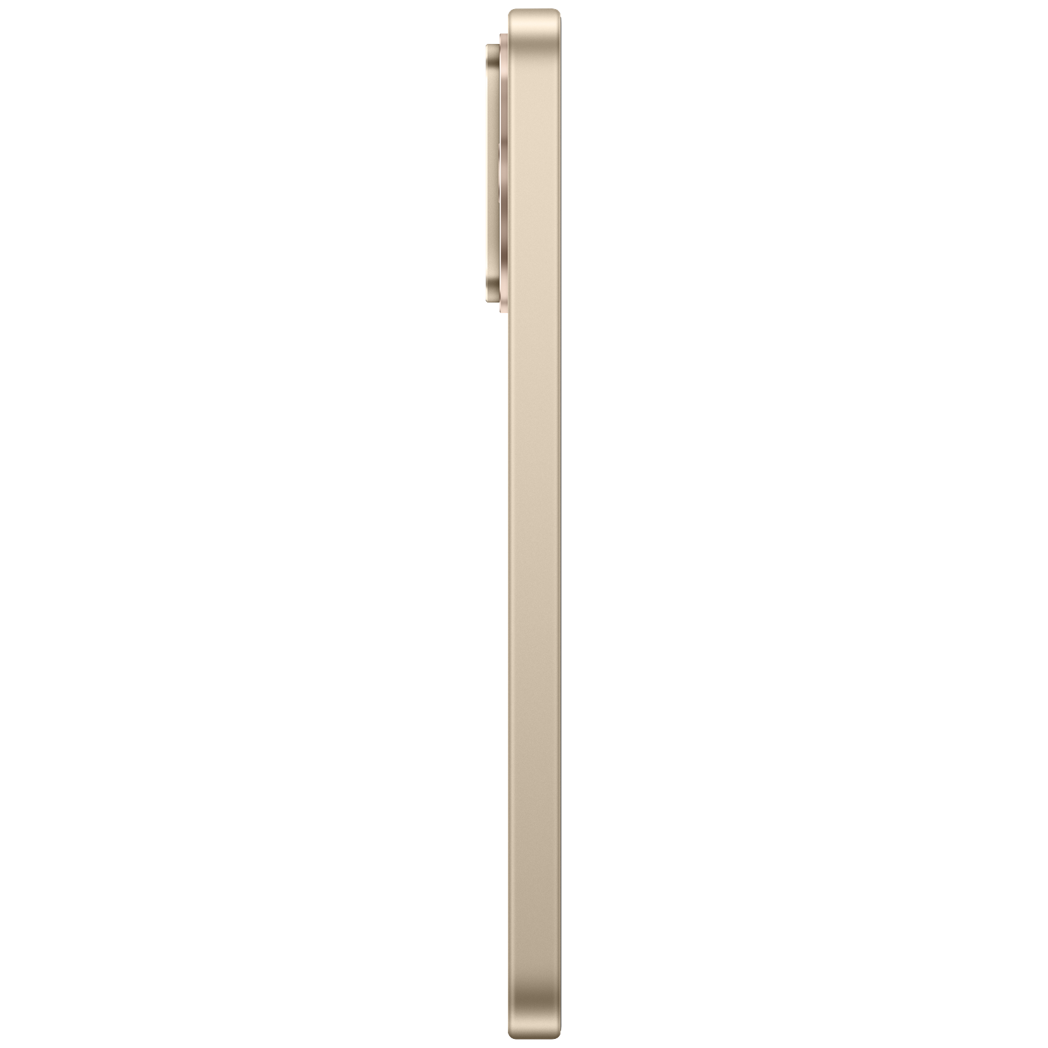 Zijaanzicht van een slanke, gouden smartphone met uitstekende cameramodule tegen een zwarte achtergrond.