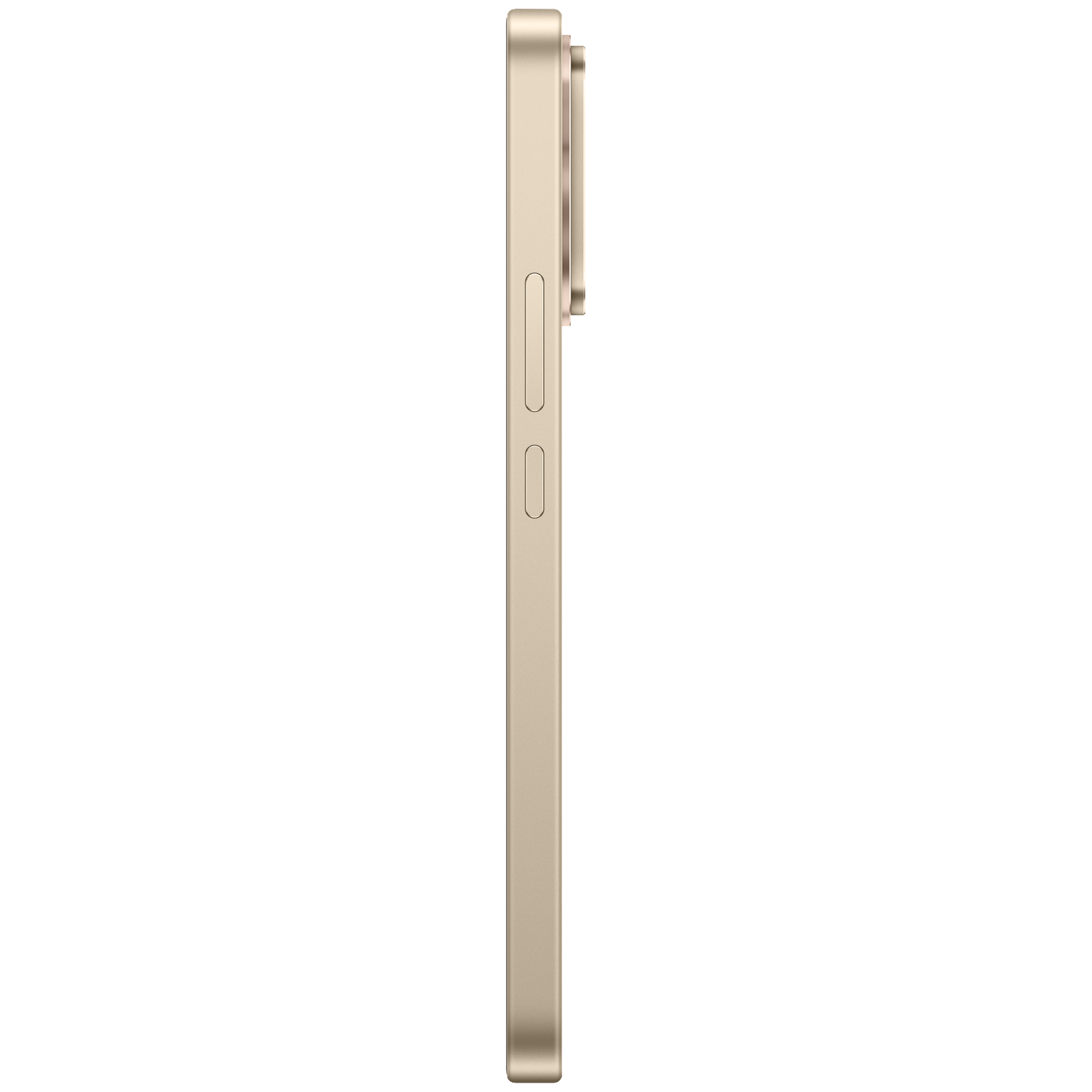 Zijaanzicht van een gouden smartphone met volumeknoppen en cameramodule op een zwarte achtergrond.