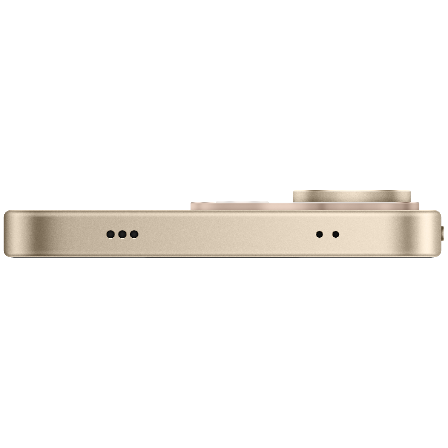 Zijaanzicht van een goudkleurige smartphone met luidsprekergaten en microfoonpoorten aan de onderkant tegen een zwarte achtergrond.