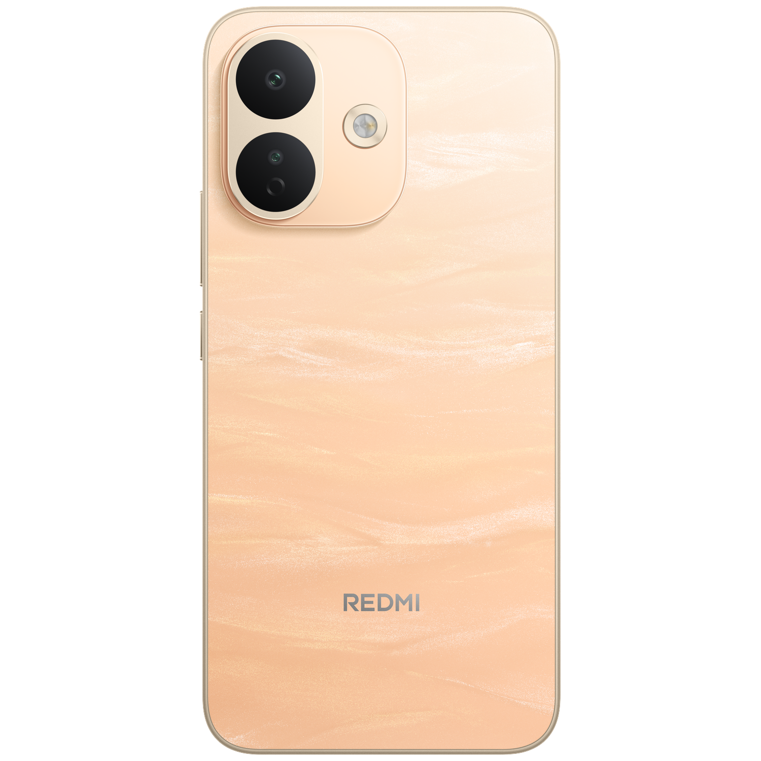 Achterkant van een beige Redmi-smartphone met marmerpatroon, dubbele camera linksboven en Redmi-logo onderaan.