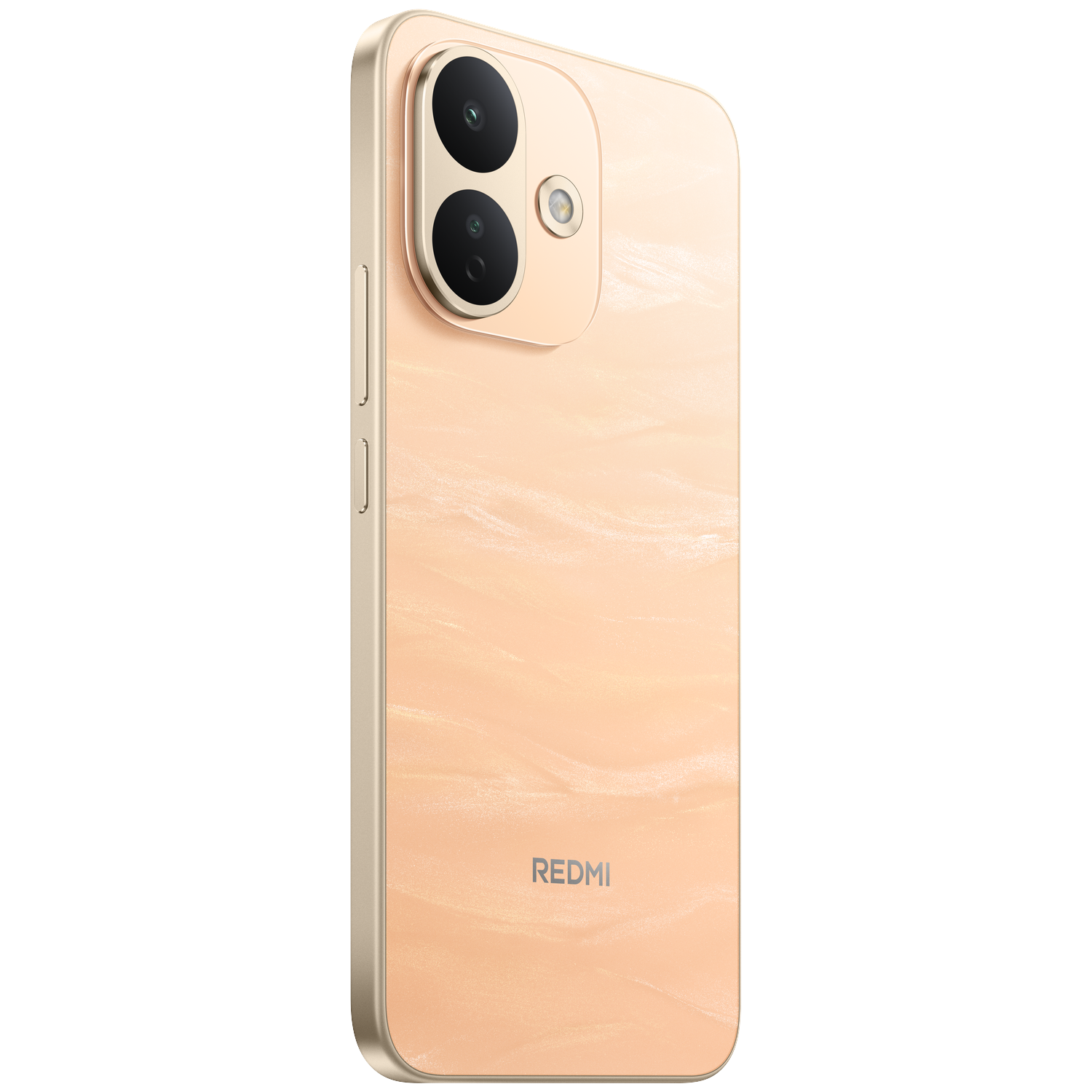 Gouden Redmi-smartphone met gemarmerde achterkant en twee cameralenzen, tegen een zwarte achtergrond.