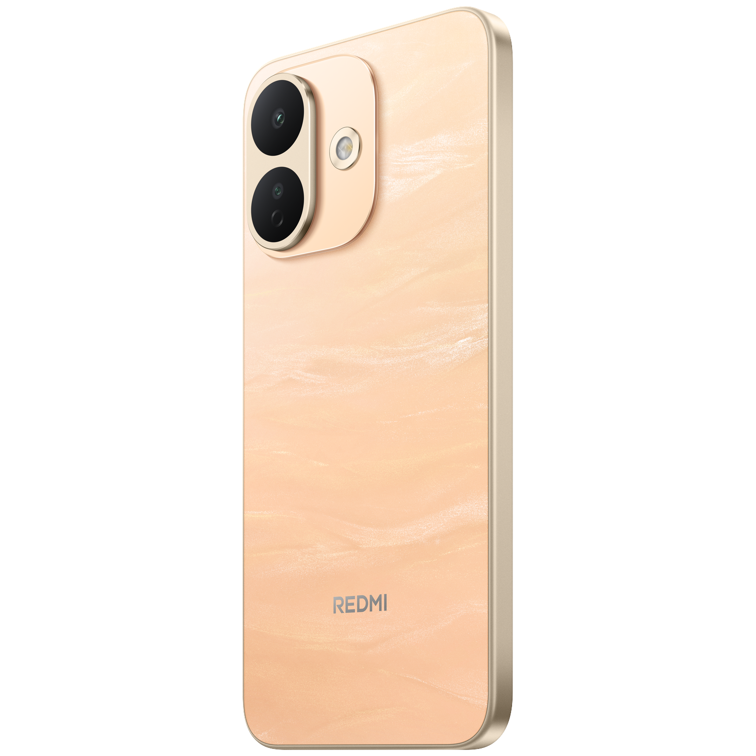 Achterkant van een beige Redmi-smartphone met twee verticale camera's en het Redmi-logo.