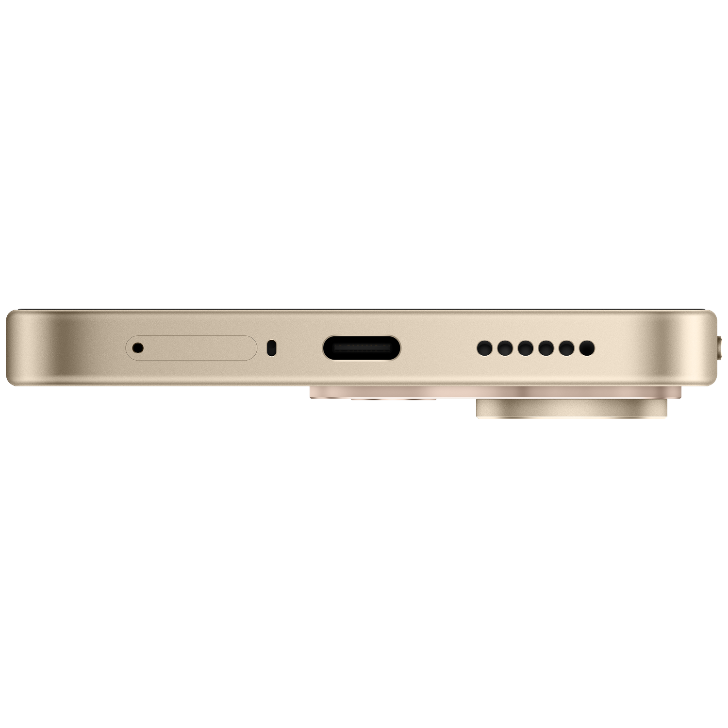 Onderaanzicht van een gouden smartphone met USB-C-poort, microfoon en luidsprekers op een zwarte achtergrond.