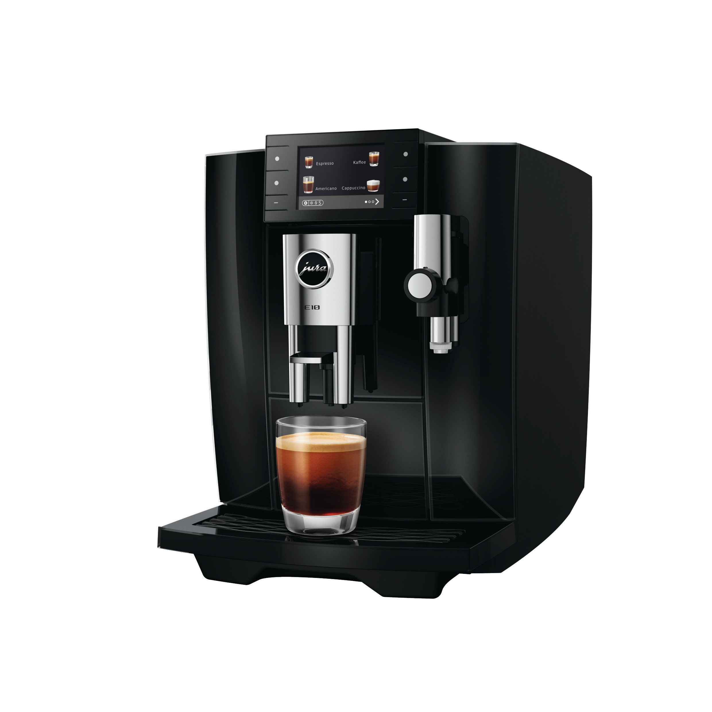 Eine schwarze Jura E10 Kaffeevollautomat mit digitalem Display und einer Glas-Kaffeetasse auf der Abtropfschale.