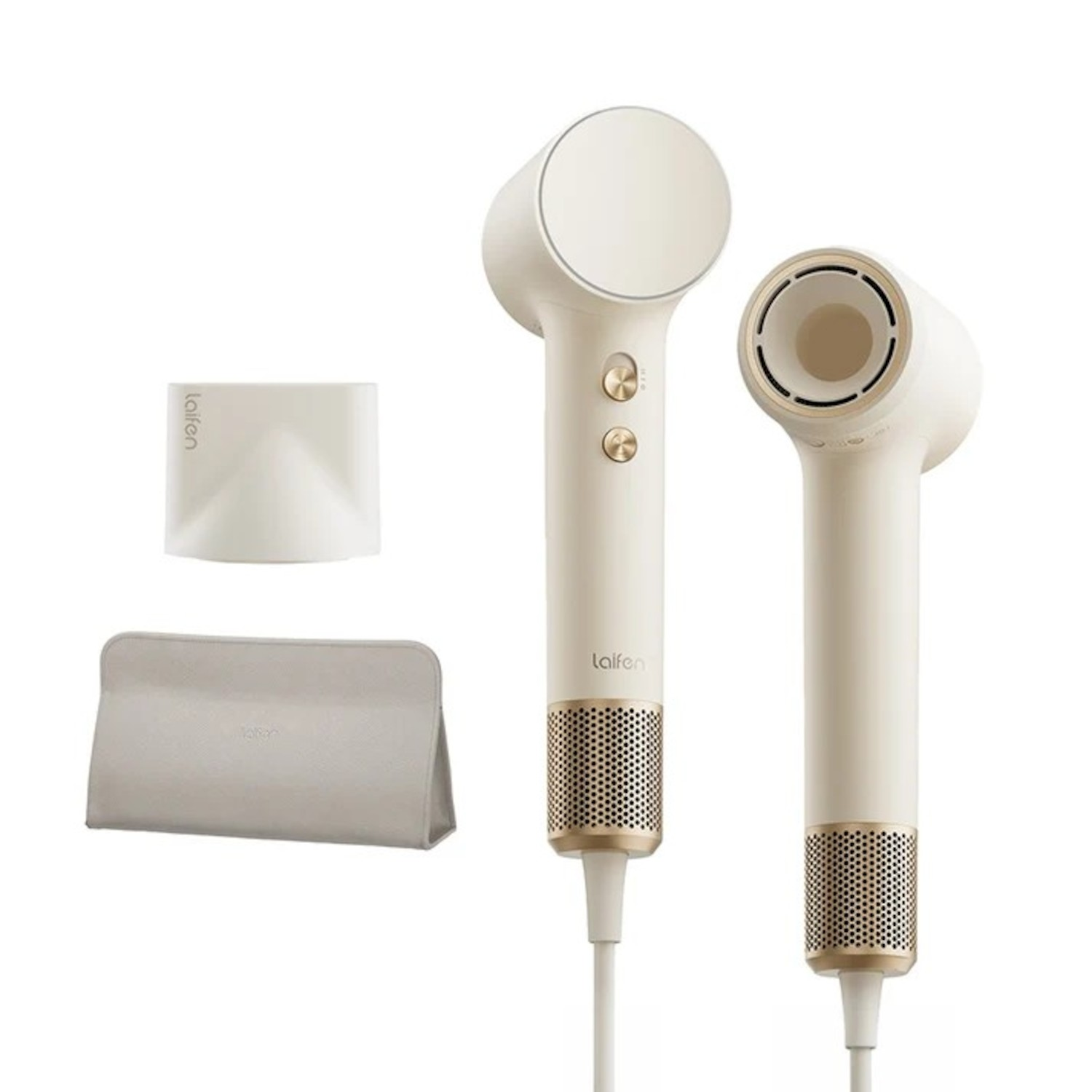 Asciugacapelli beige Laifen con beccuccio e astuccio su sfondo bianco.